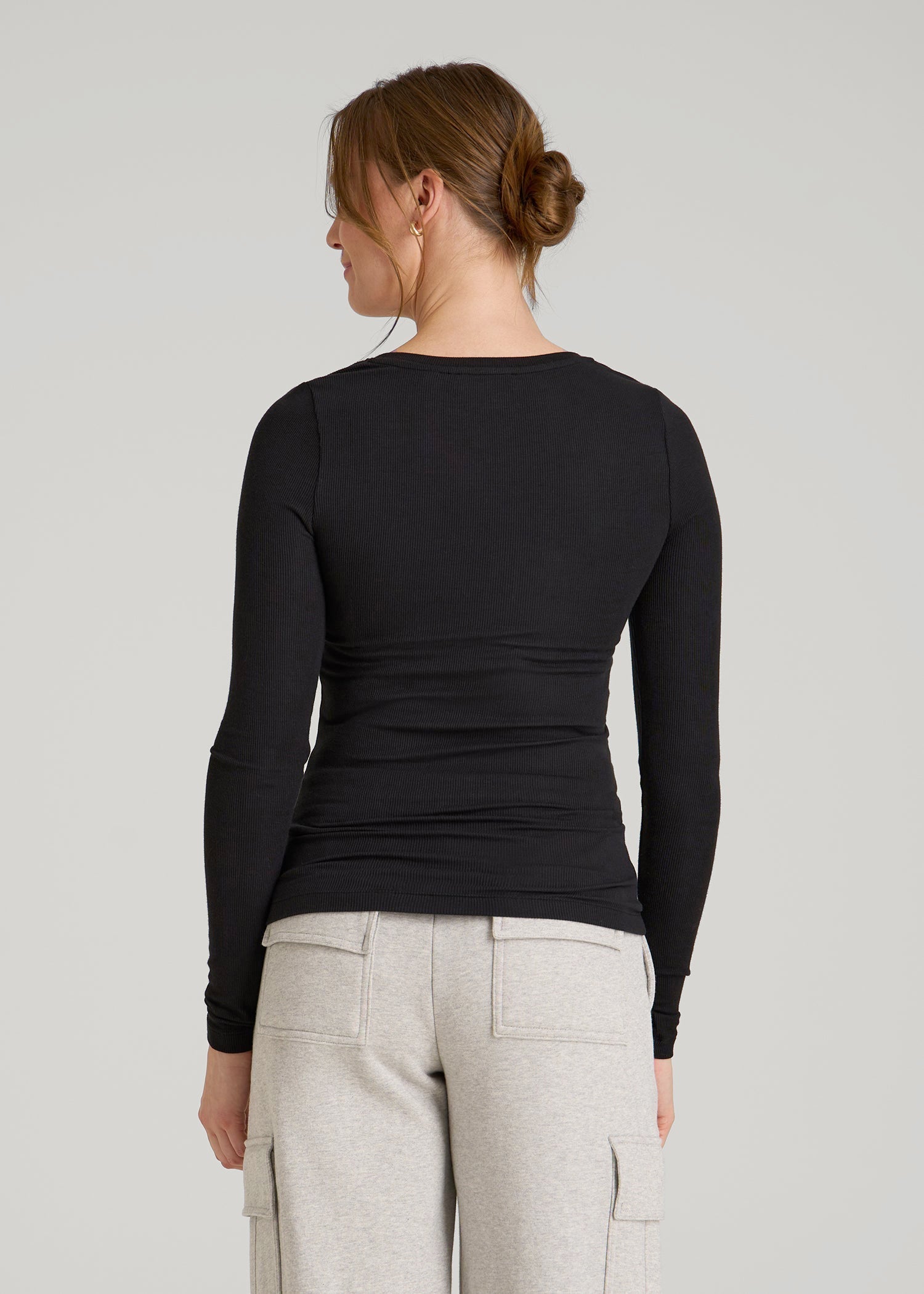 American Tall Outlet | Fitted Ribbed Long Sleeve Henley for Tall Women in Black