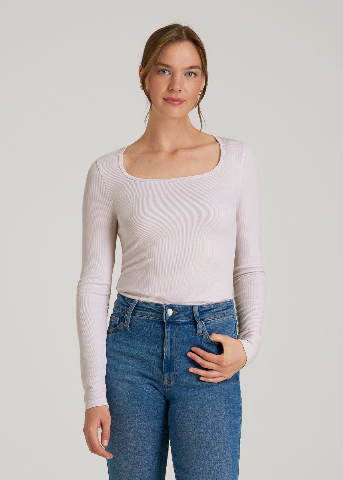 American Tall For Sale | Long Sleeve Ribbed Square Neck Top for Tall Women in Grey Lilac