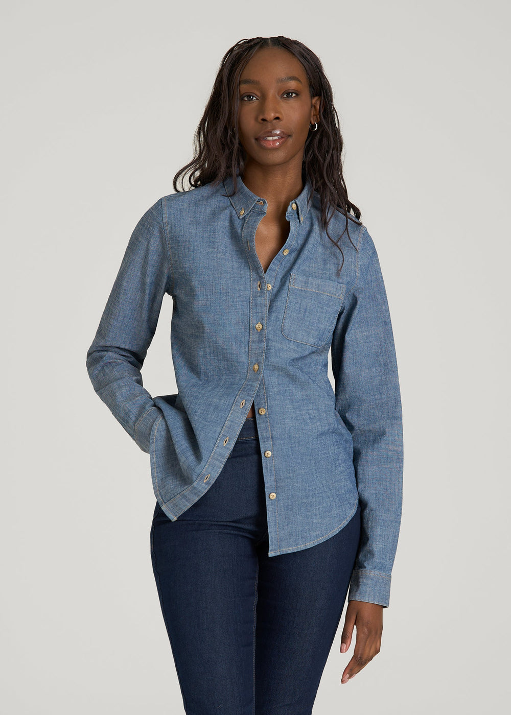 American Tall Sale | Stretch Chambray Shirt for Tall Women in Mid Blue Chambray