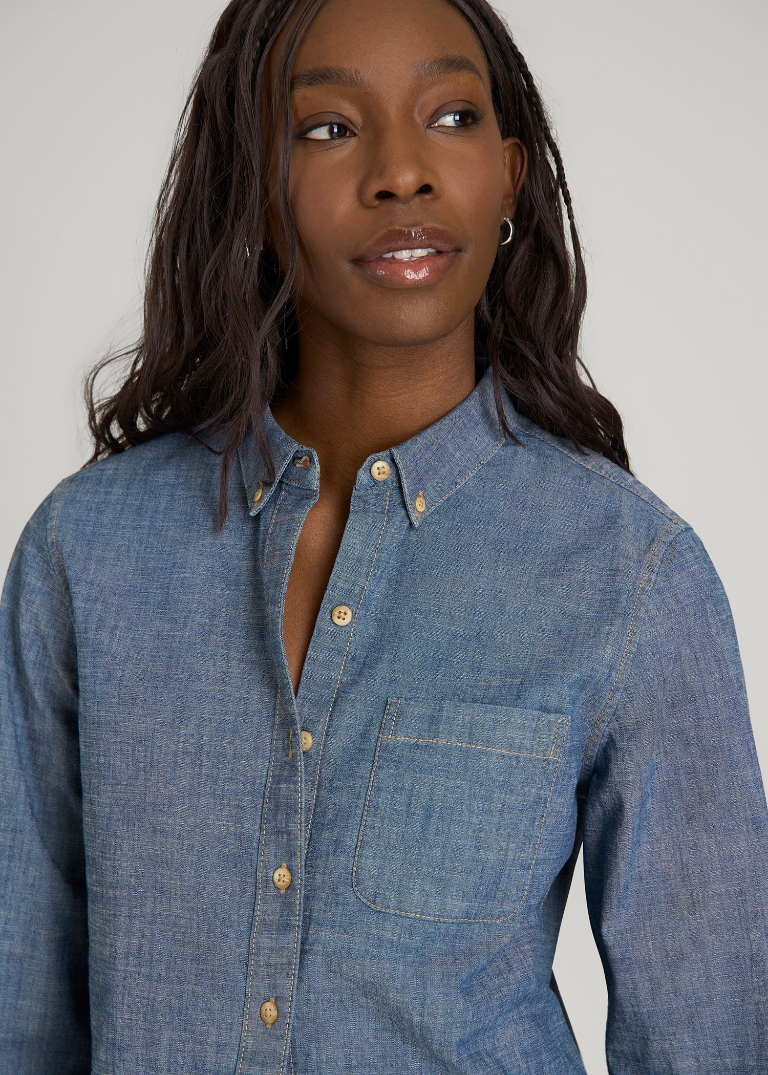 American Tall Sale | Stretch Chambray Shirt for Tall Women in Mid Blue Chambray