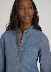 American Tall Sale | Stretch Chambray Shirt for Tall Women in Mid Blue Chambray