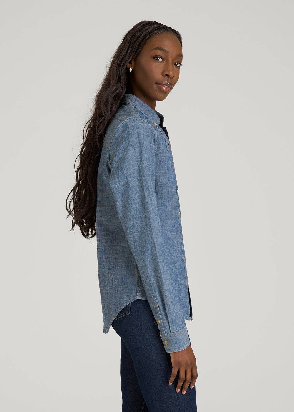 American Tall Sale | Stretch Chambray Shirt for Tall Women in Mid Blue Chambray