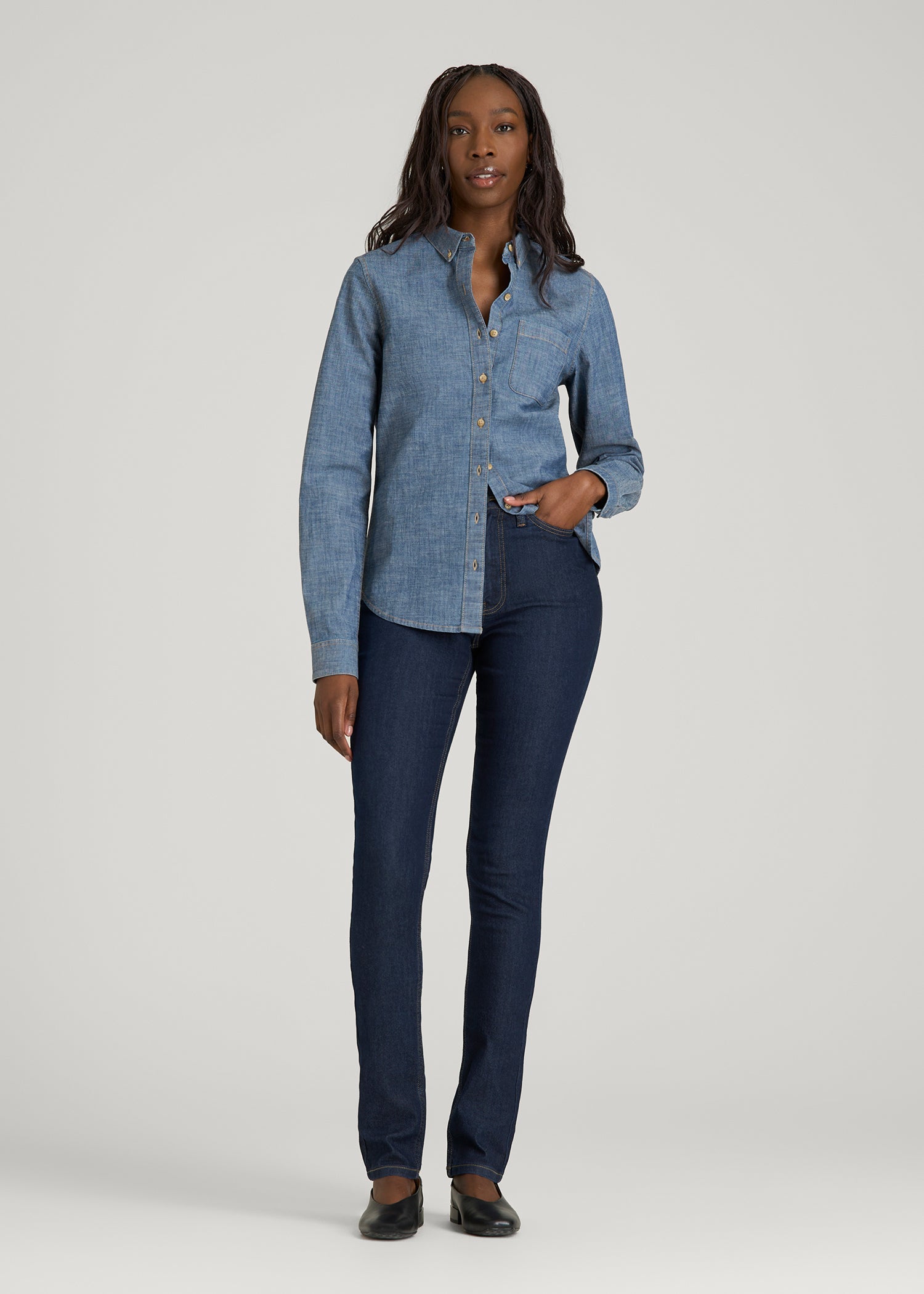 American Tall Sale | Stretch Chambray Shirt for Tall Women in Mid Blue Chambray