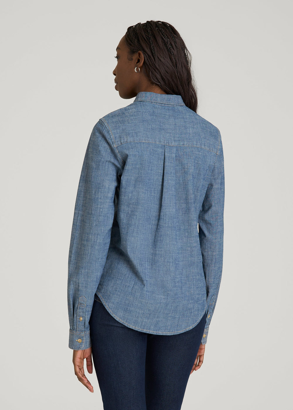American Tall Sale | Stretch Chambray Shirt for Tall Women in Mid Blue Chambray