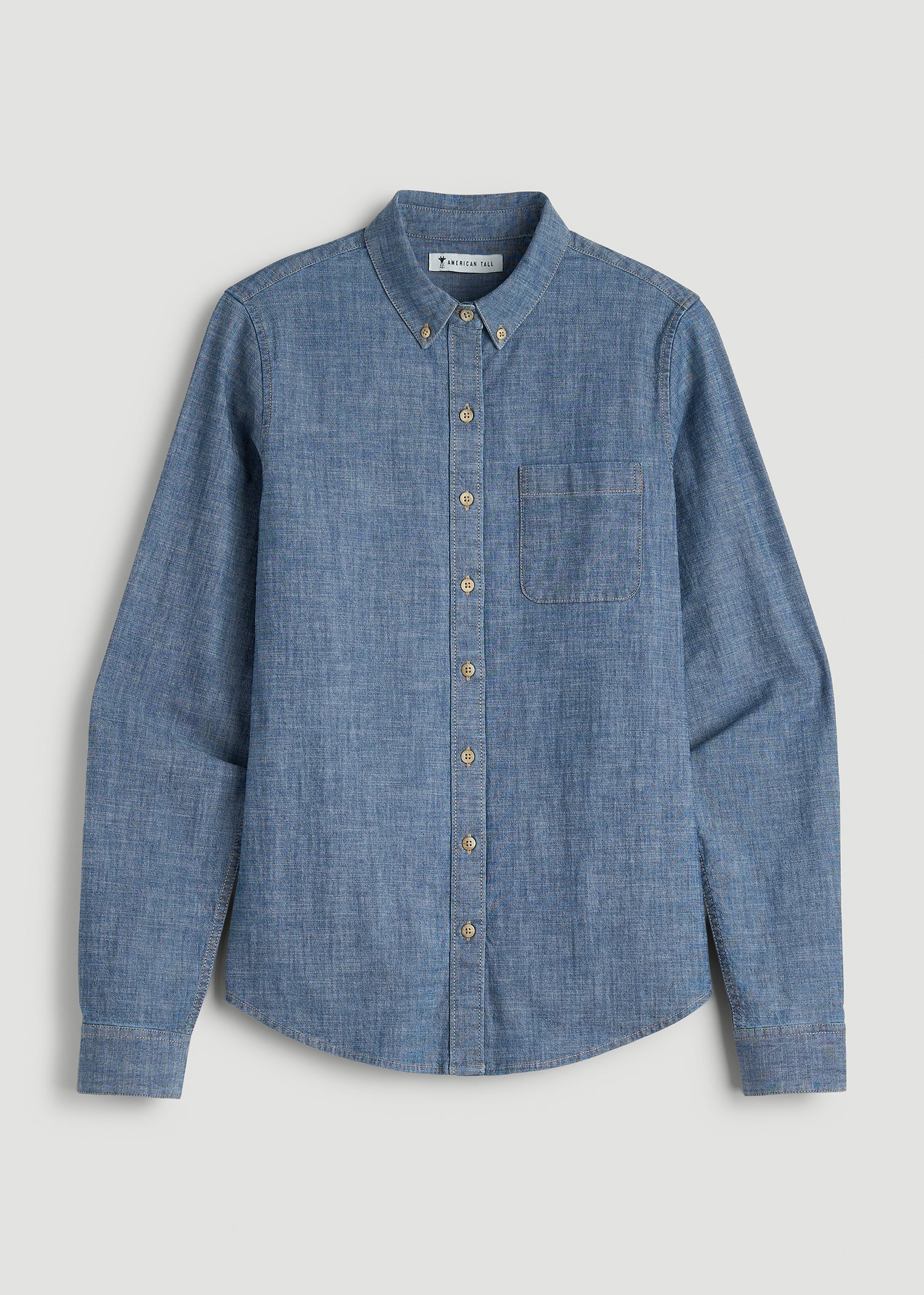American Tall Sale | Stretch Chambray Shirt for Tall Women in Mid Blue Chambray