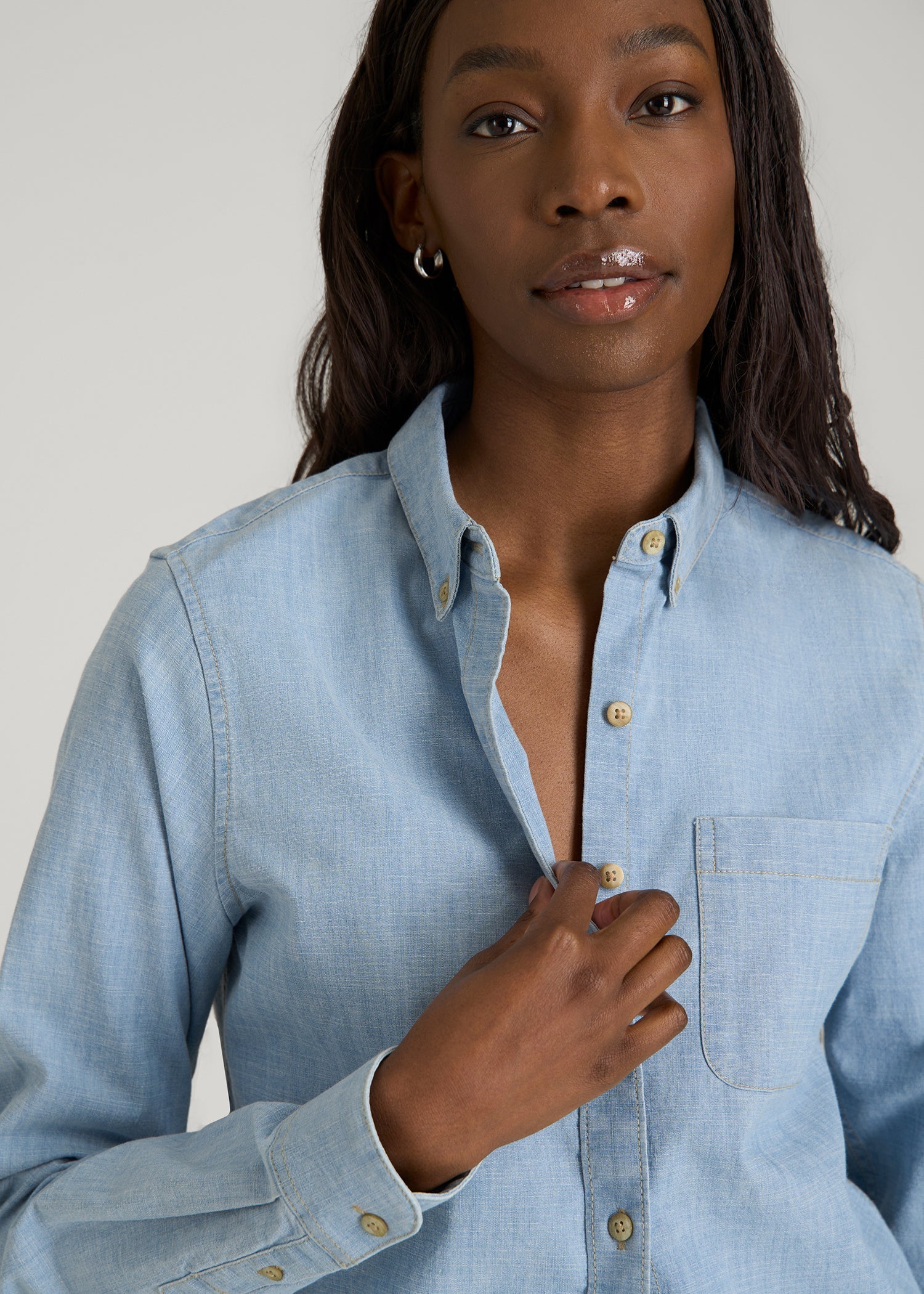 American Tall For Sale | Stretch Chambray Shirt for Tall Women in Light Blue Chambray