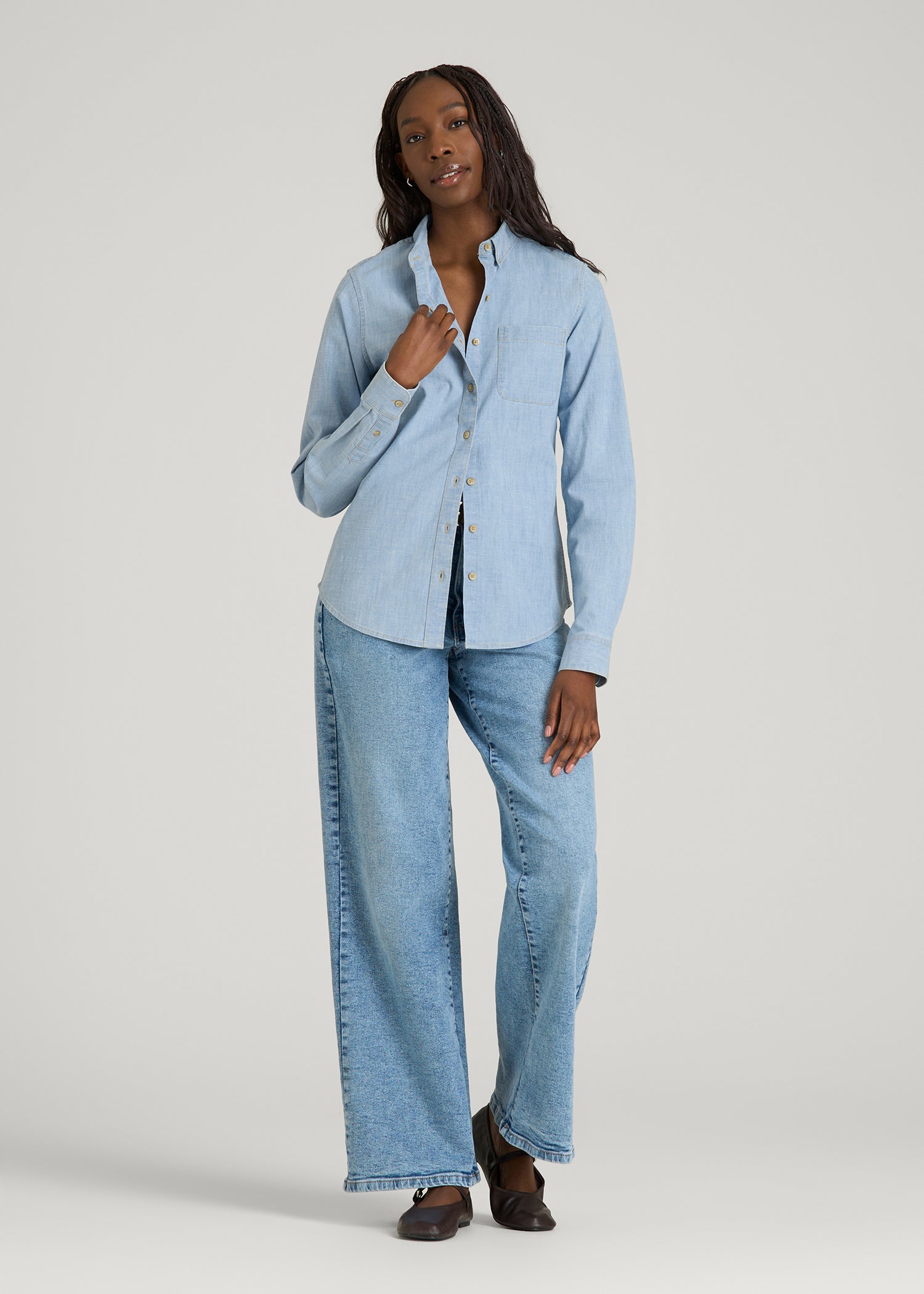 American Tall For Sale | Stretch Chambray Shirt for Tall Women in Light Blue Chambray