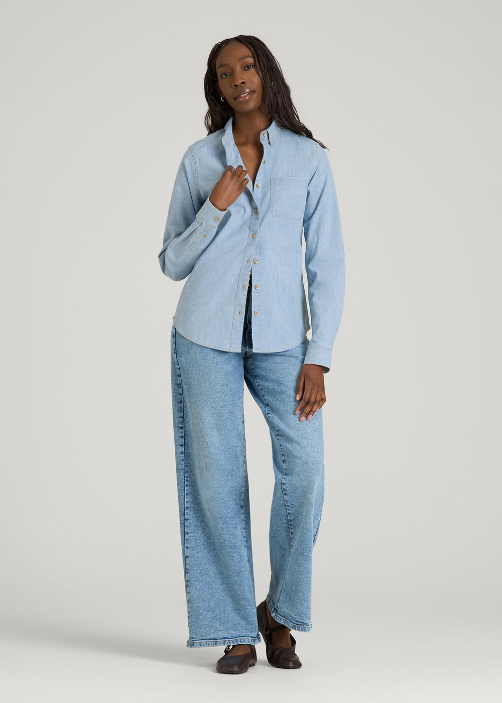American Tall For Sale | Stretch Chambray Shirt for Tall Women in Light Blue Chambray