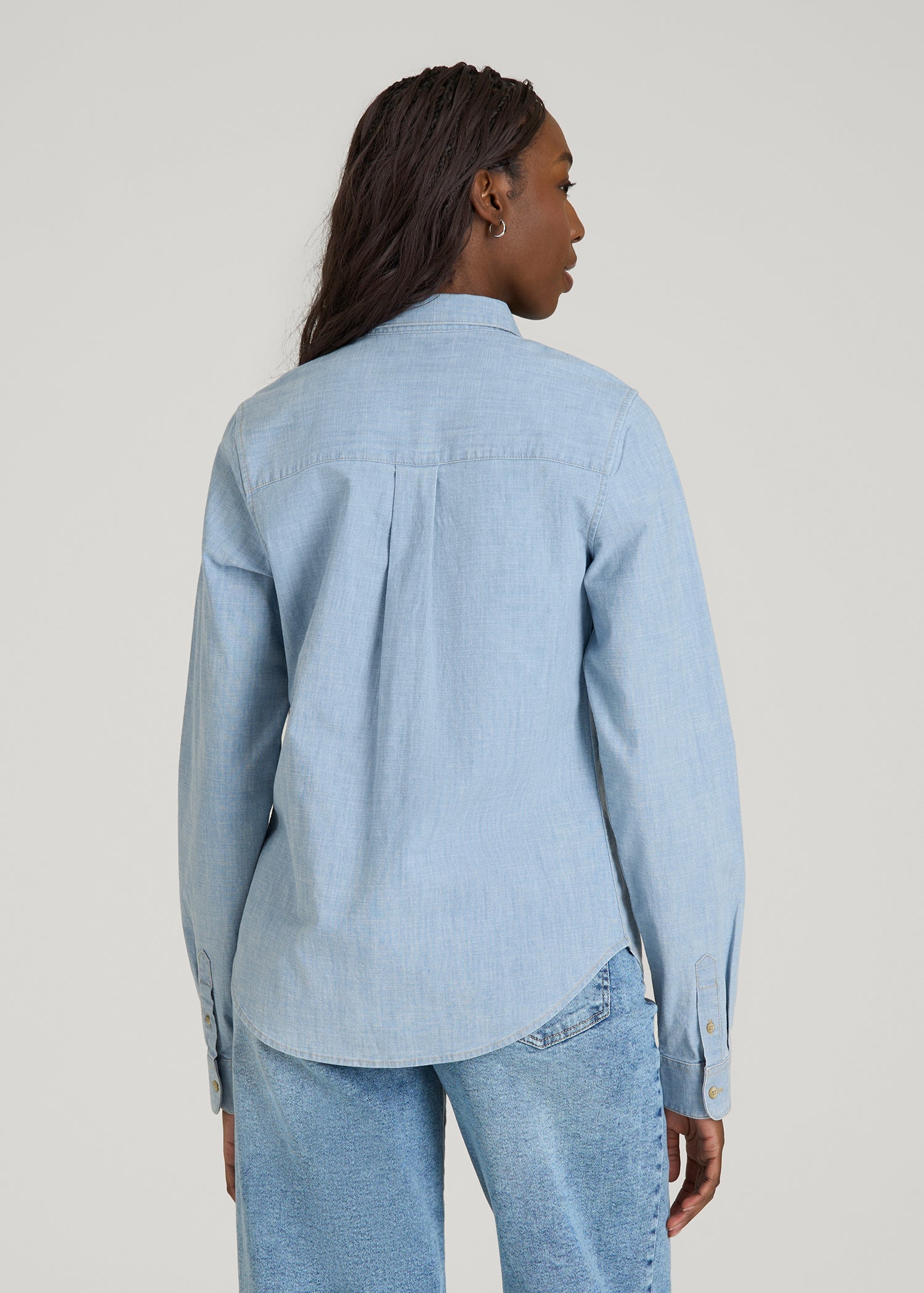 American Tall For Sale | Stretch Chambray Shirt for Tall Women in Light Blue Chambray