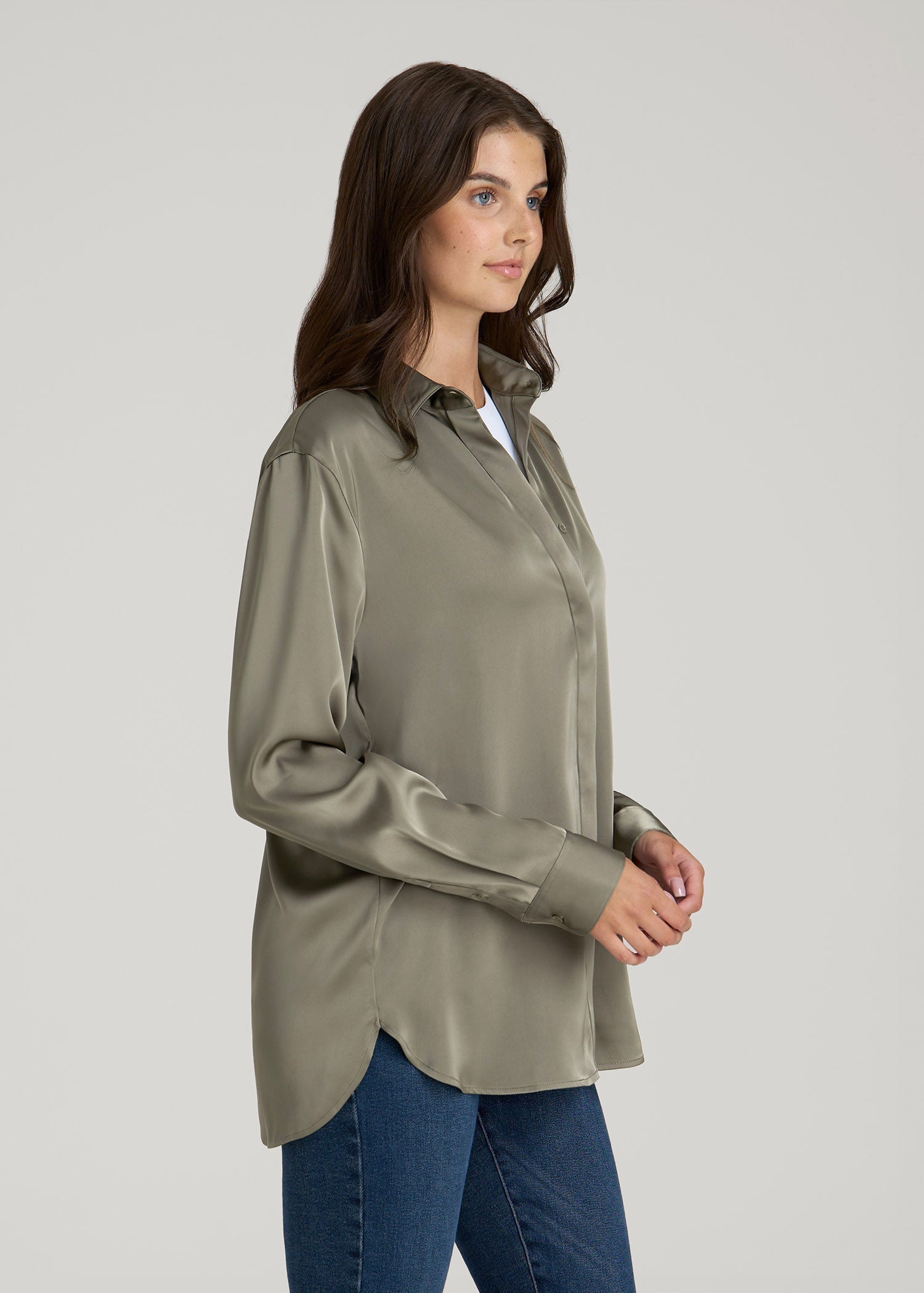 American Tall Discount | Relaxed Button-Up Blouse for Tall Women in Camper Green
