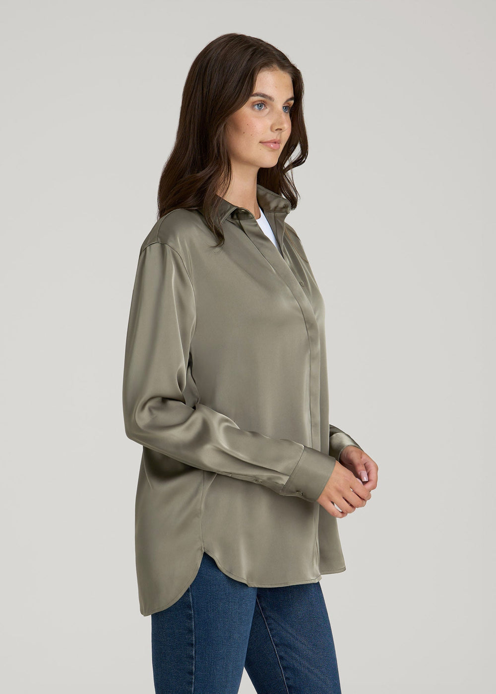 American Tall Discount | Relaxed Button-Up Blouse for Tall Women in Camper Green