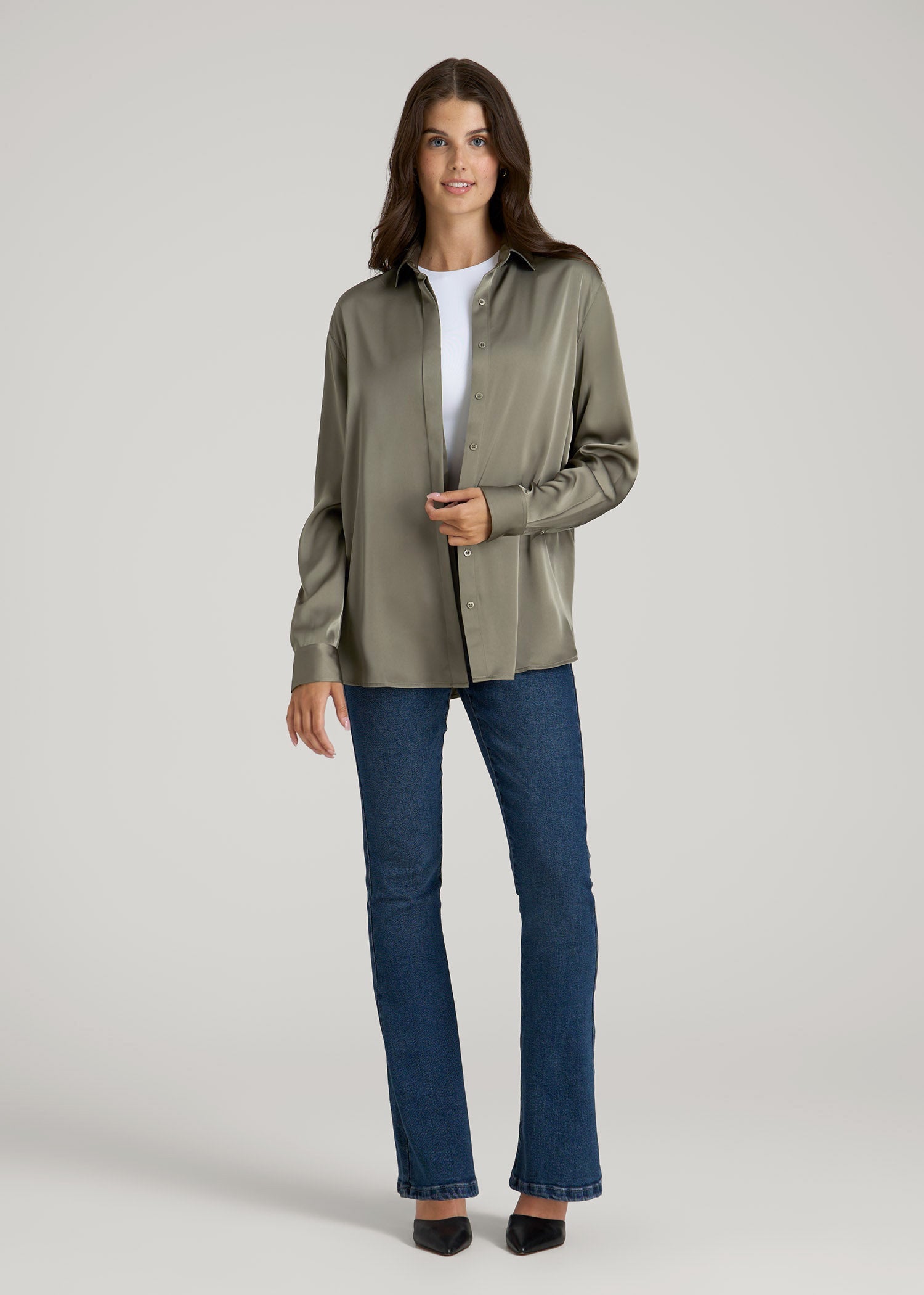 American Tall Discount | Relaxed Button-Up Blouse for Tall Women in Camper Green