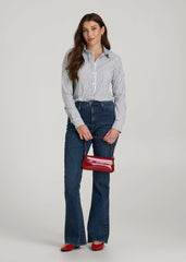 American Tall Sale | Slim Fit Button Up Shirt for Tall Women in Grey and White Stripe