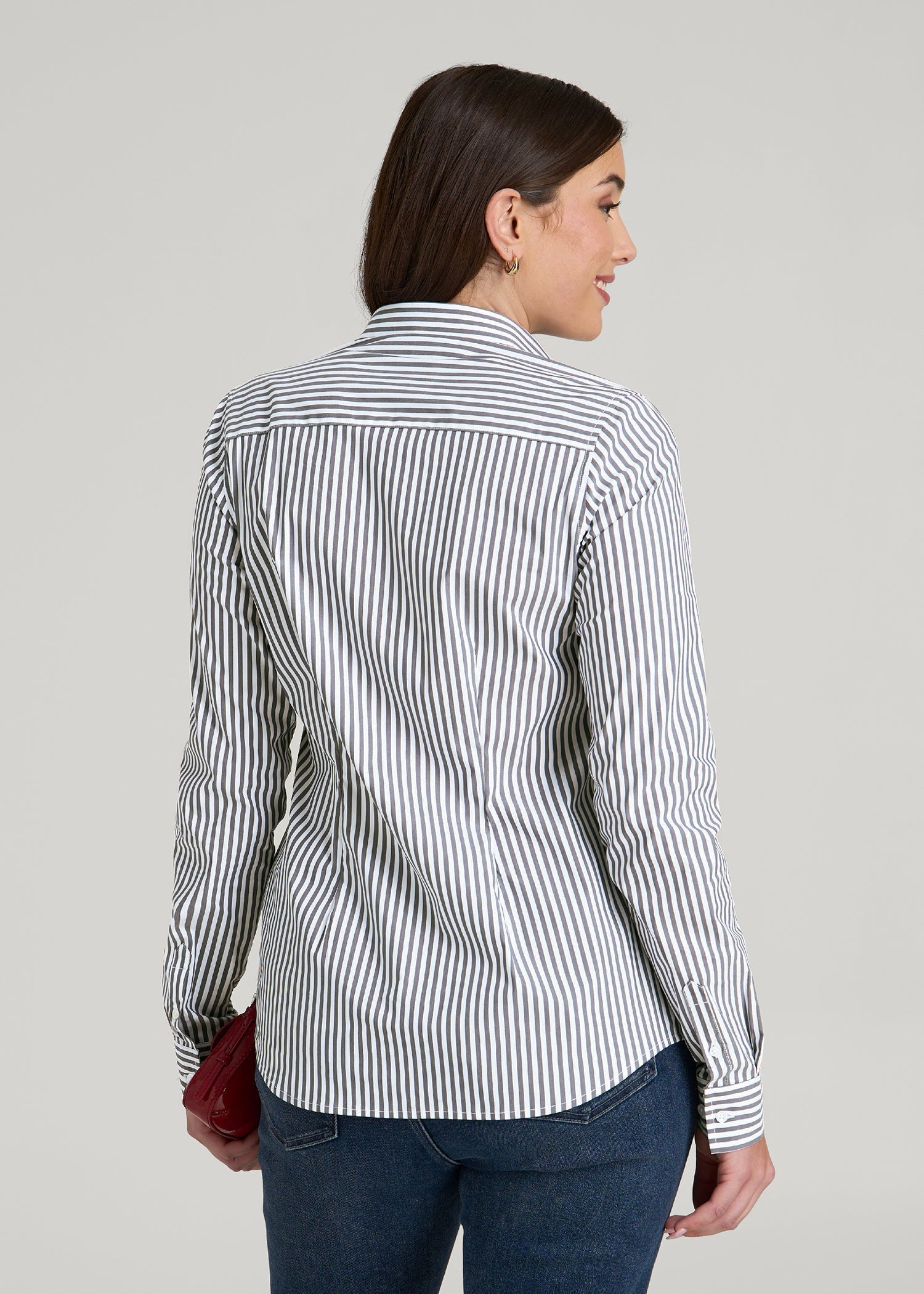 American Tall Sale | Slim Fit Button Up Shirt for Tall Women in Grey and White Stripe
