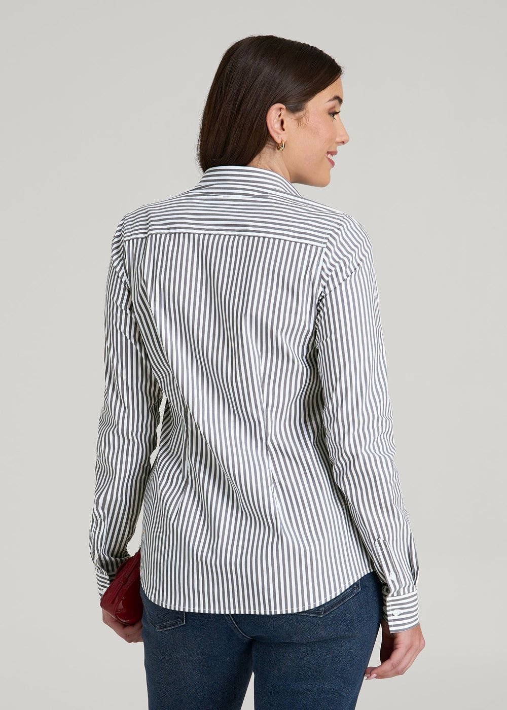 American Tall Sale | Slim Fit Button Up Shirt for Tall Women in Grey and White Stripe