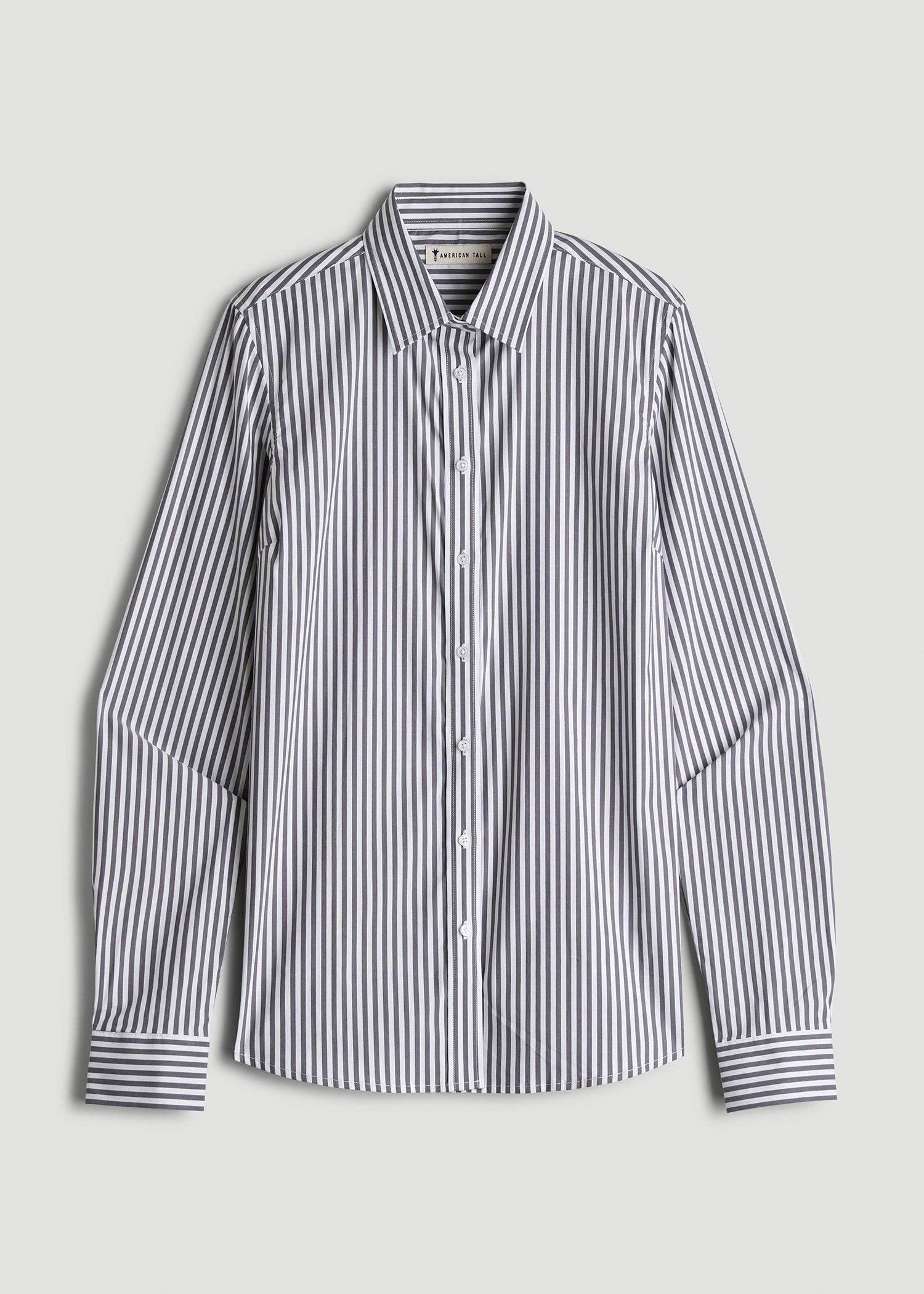 American Tall Sale | Slim Fit Button Up Shirt for Tall Women in Grey and White Stripe