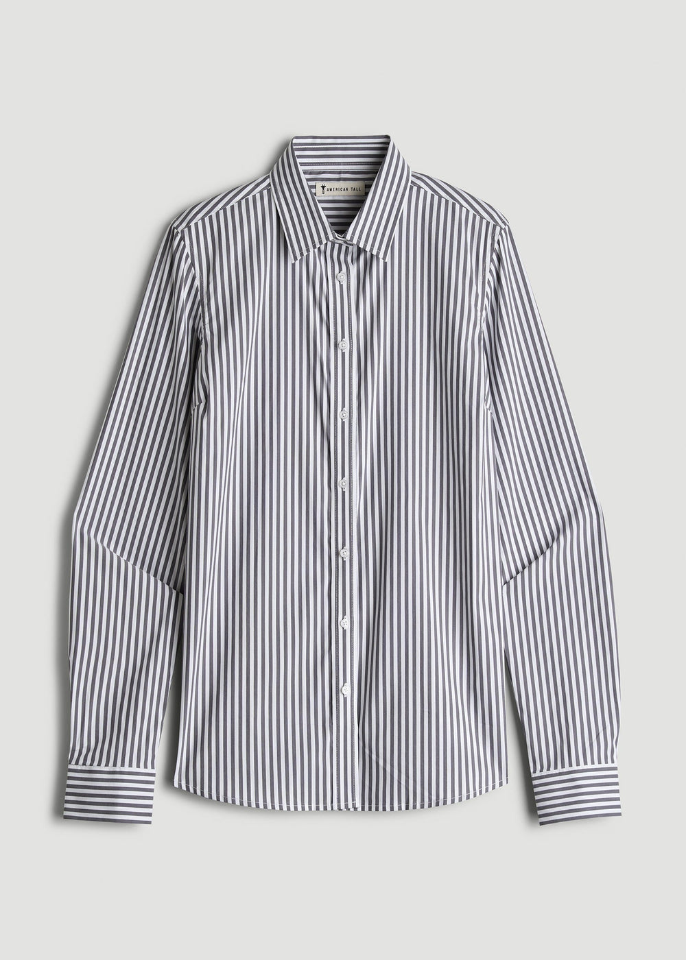 American Tall Sale | Slim Fit Button Up Shirt for Tall Women in Grey and White Stripe