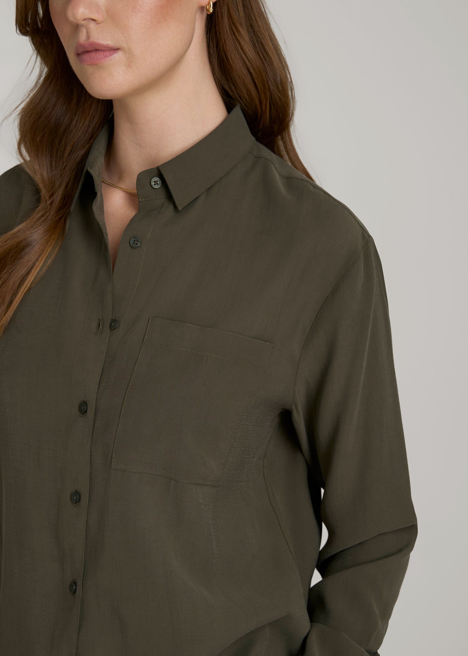 American Tall Online Shop | Relaxed Button-Up Single-Pocket Blouse for Tall Women in Forest Night