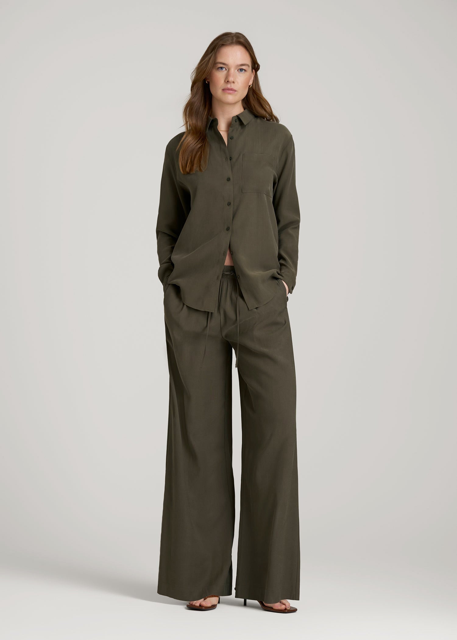 American Tall Online Shop | Relaxed Button-Up Single-Pocket Blouse for Tall Women in Forest Night