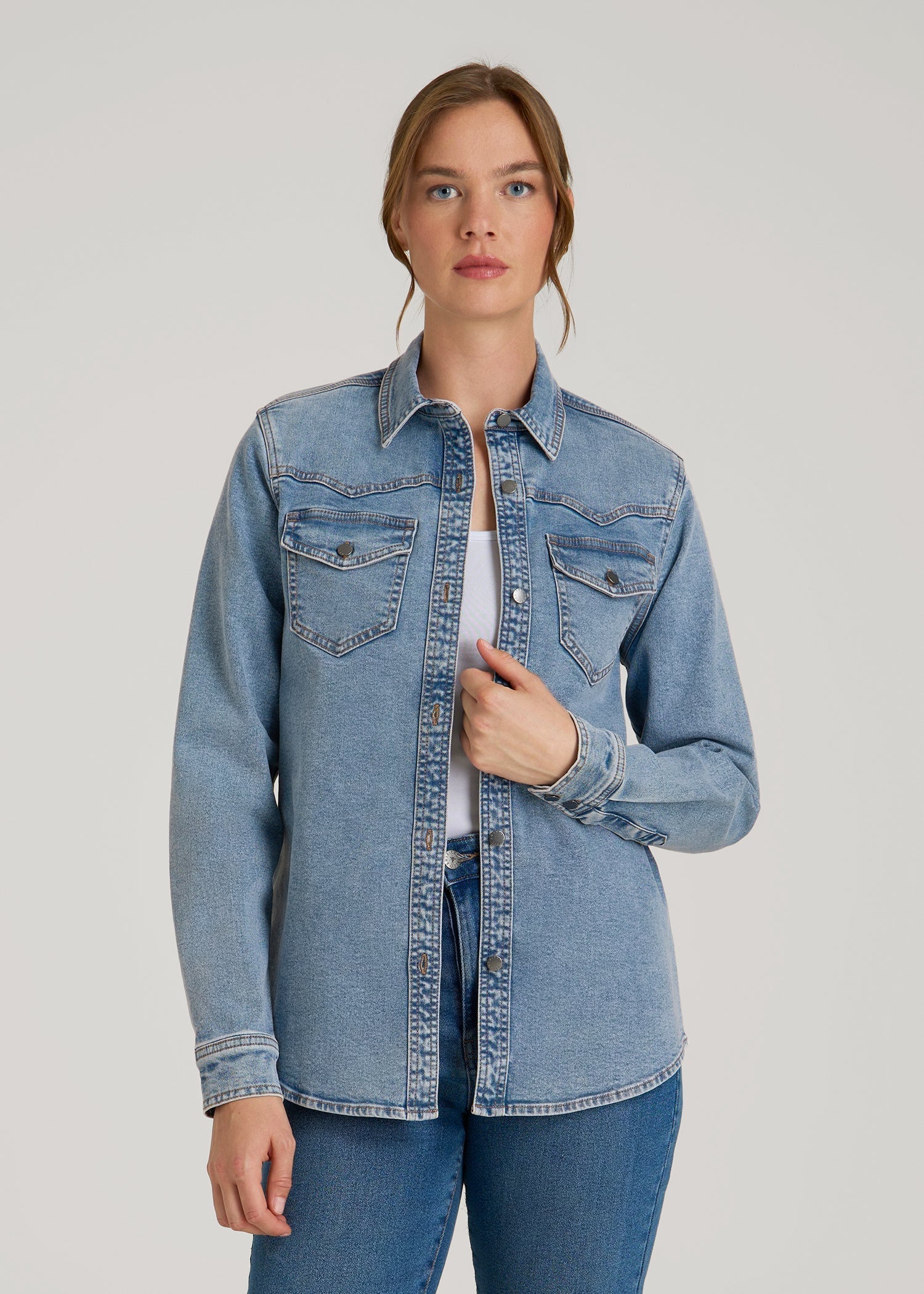 American Tall Discount | Western Denim Shirt for Tall Women in Heritage Faded