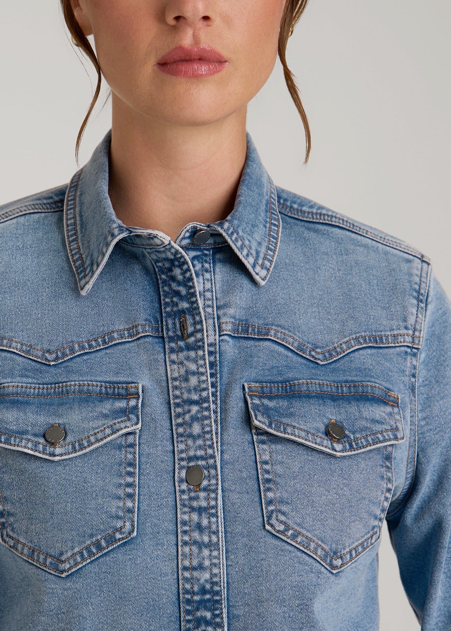 American Tall Discount | Western Denim Shirt for Tall Women in Heritage Faded