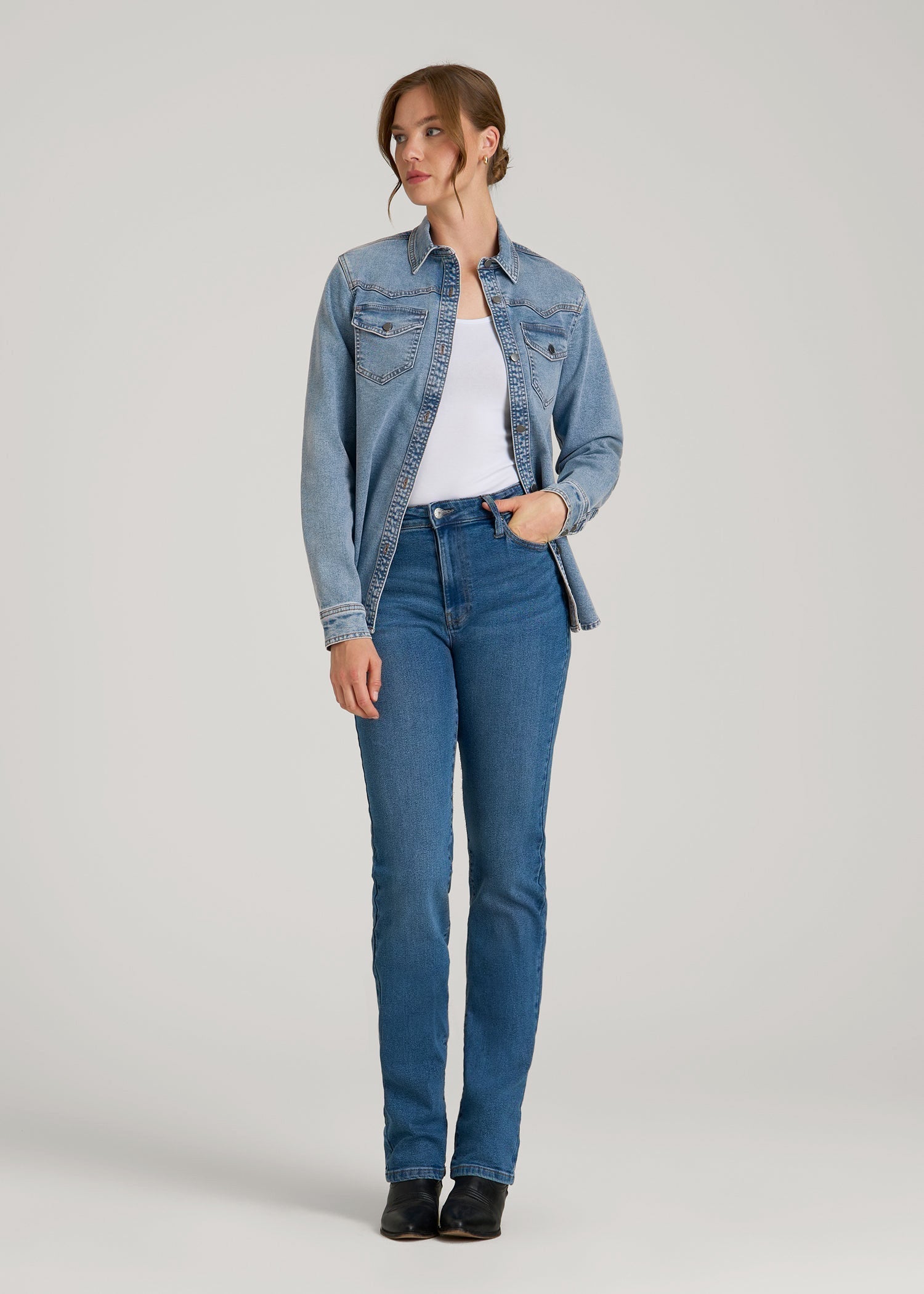 American Tall Discount | Western Denim Shirt for Tall Women in Heritage Faded