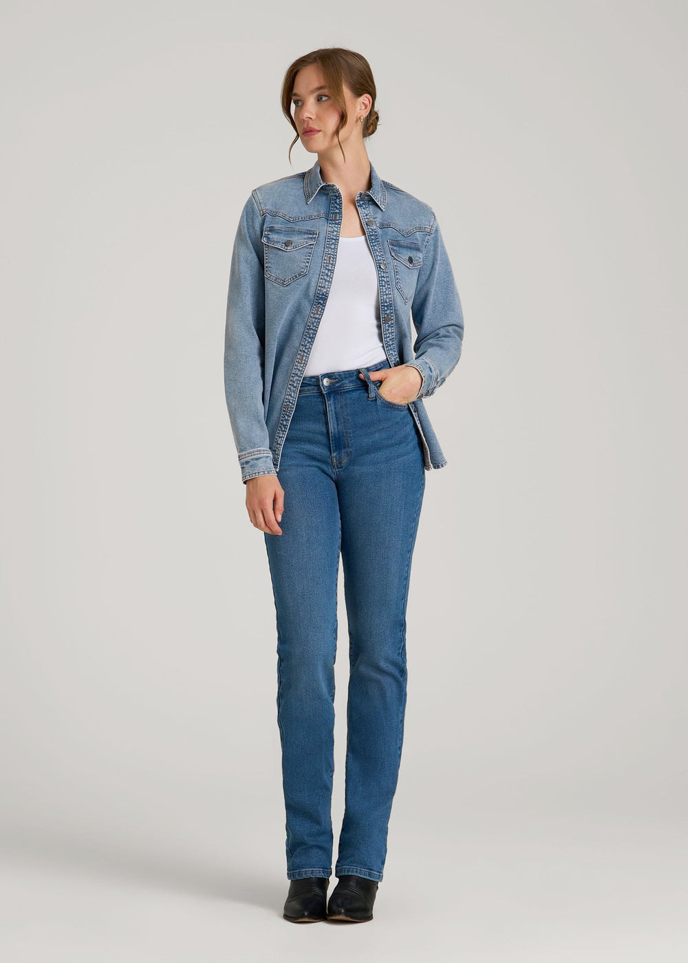American Tall Discount | Western Denim Shirt for Tall Women in Heritage Faded