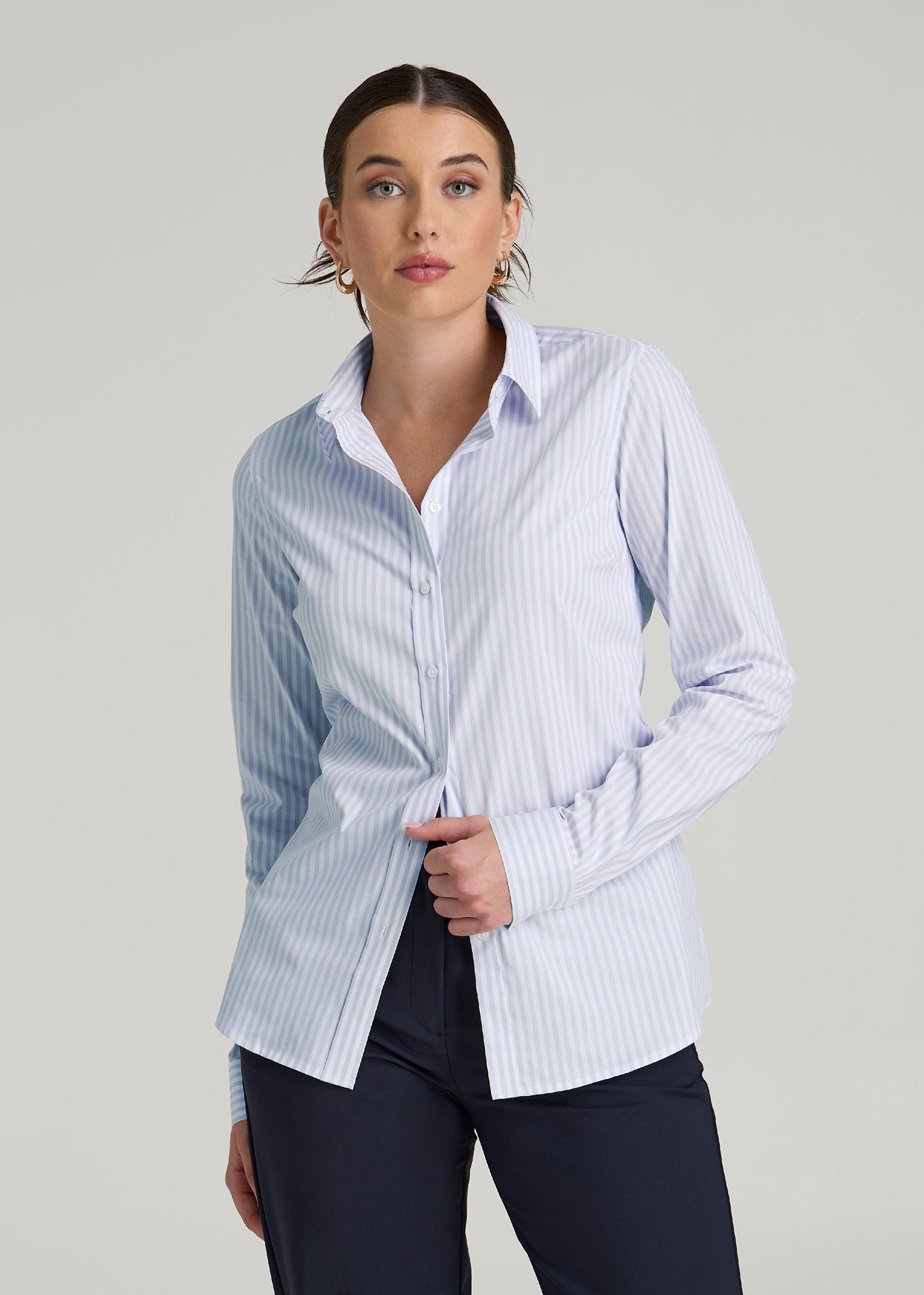 American Tall Sale | Slim Fit Button Up Shirt for Tall Women in Light Blue Stripe