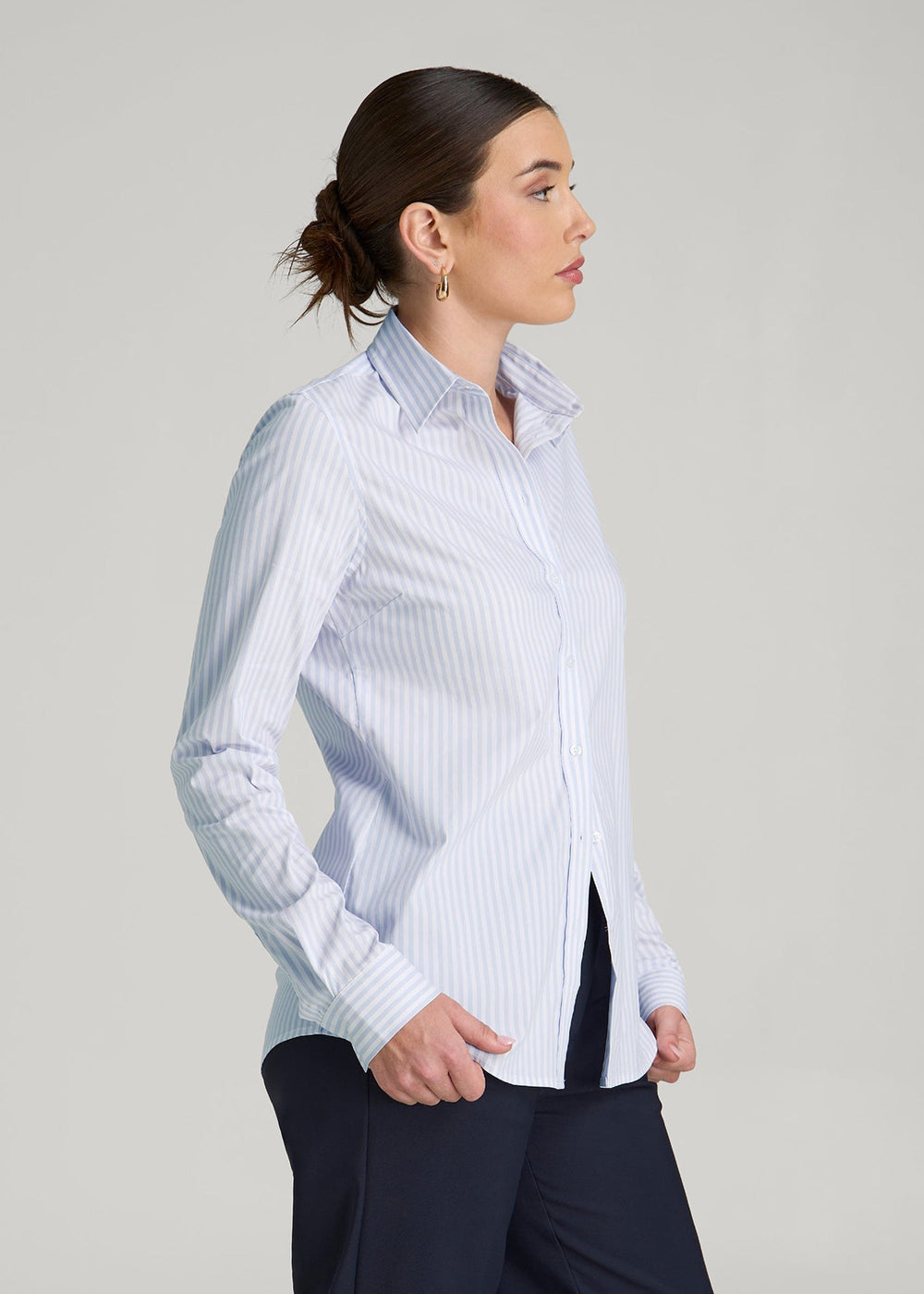 American Tall Sale | Slim Fit Button Up Shirt for Tall Women in Light Blue Stripe