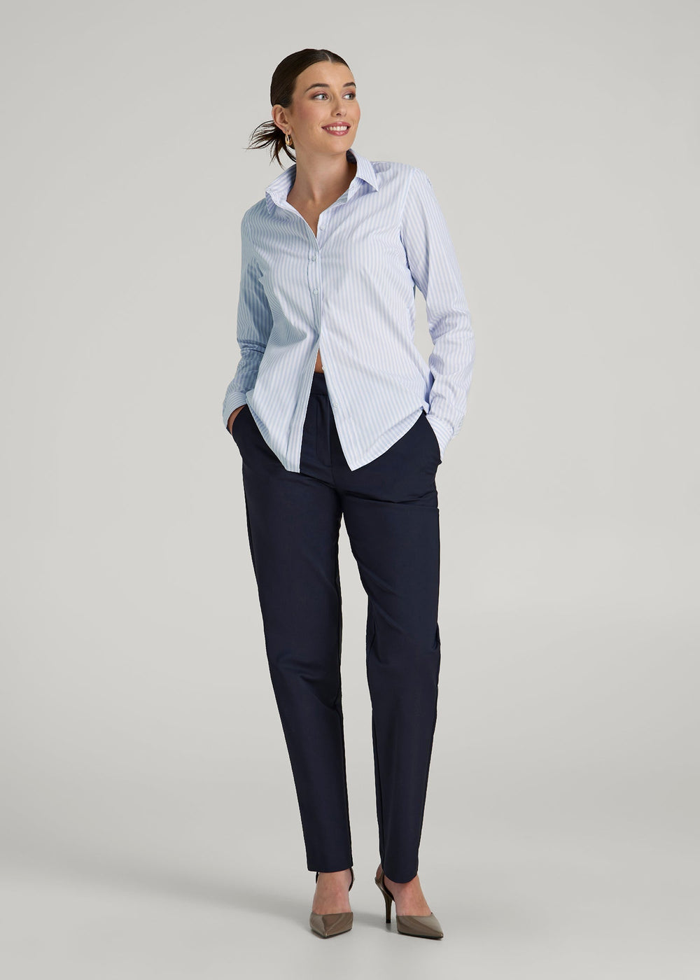 American Tall Sale | Slim Fit Button Up Shirt for Tall Women in Light Blue Stripe