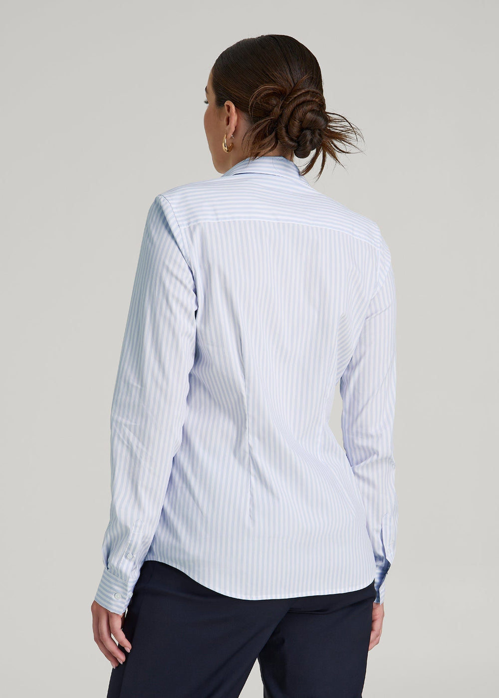 American Tall Sale | Slim Fit Button Up Shirt for Tall Women in Light Blue Stripe