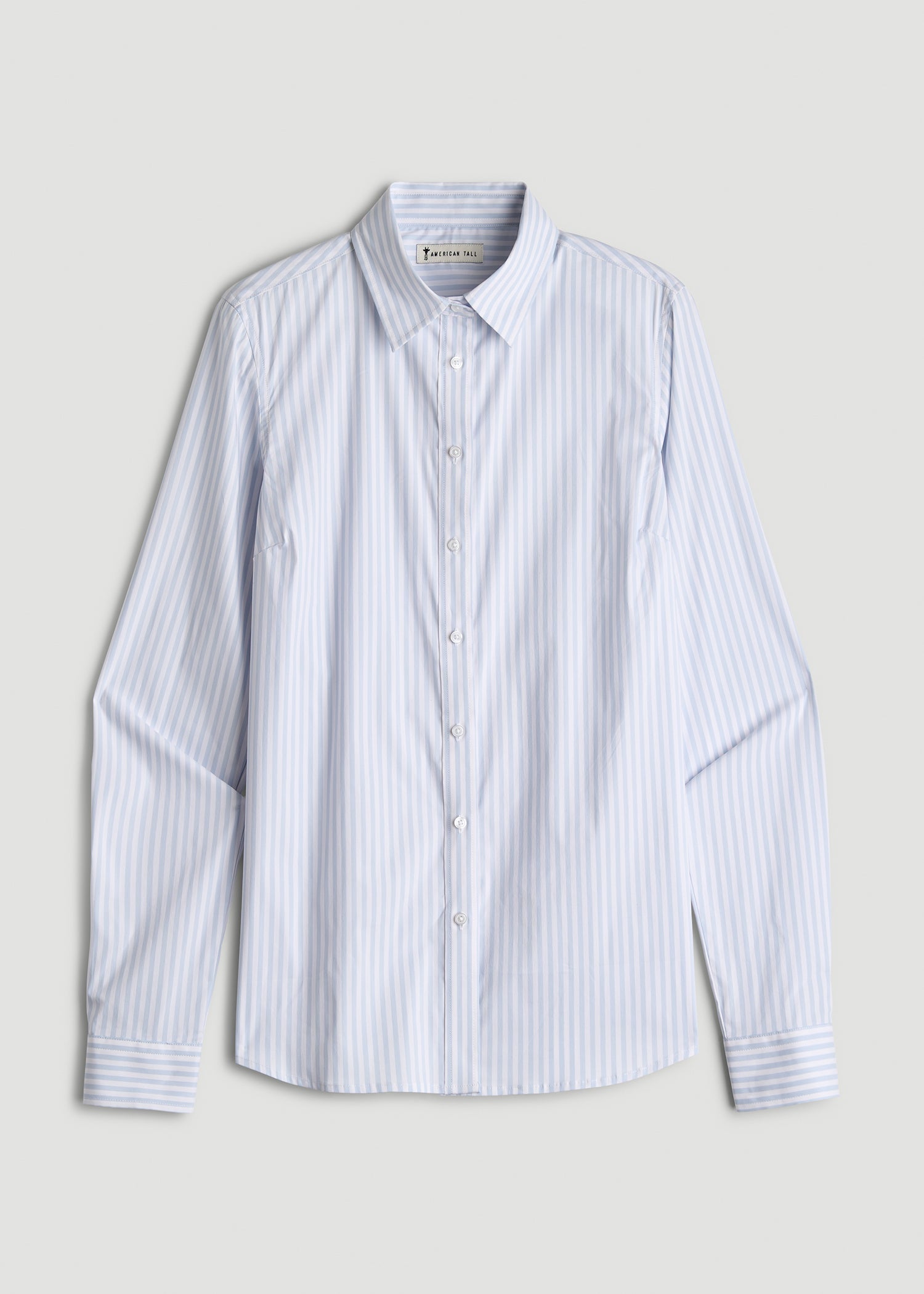 American Tall Sale | Slim Fit Button Up Shirt for Tall Women in Light Blue Stripe