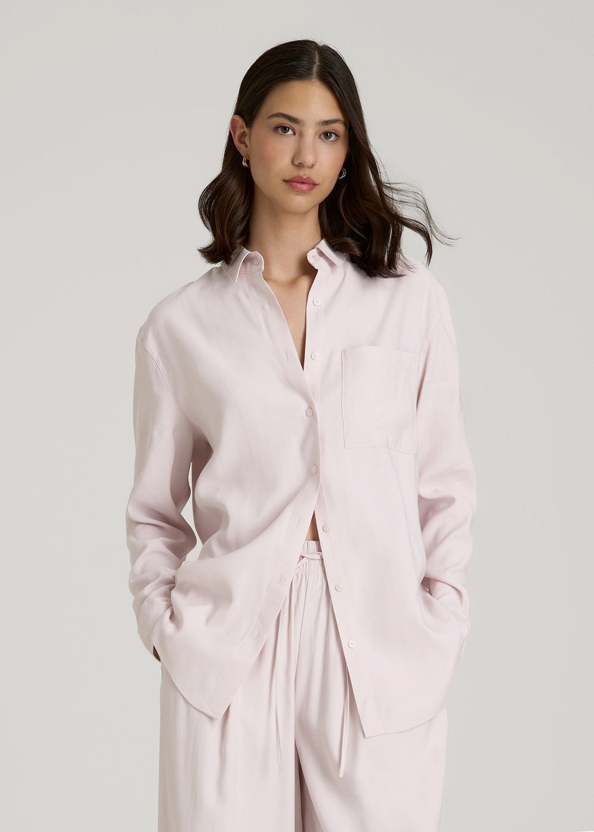 American Tall For Sale | Relaxed Button-Up Single-Pocket Blouse for Tall Women in Grey Lilac