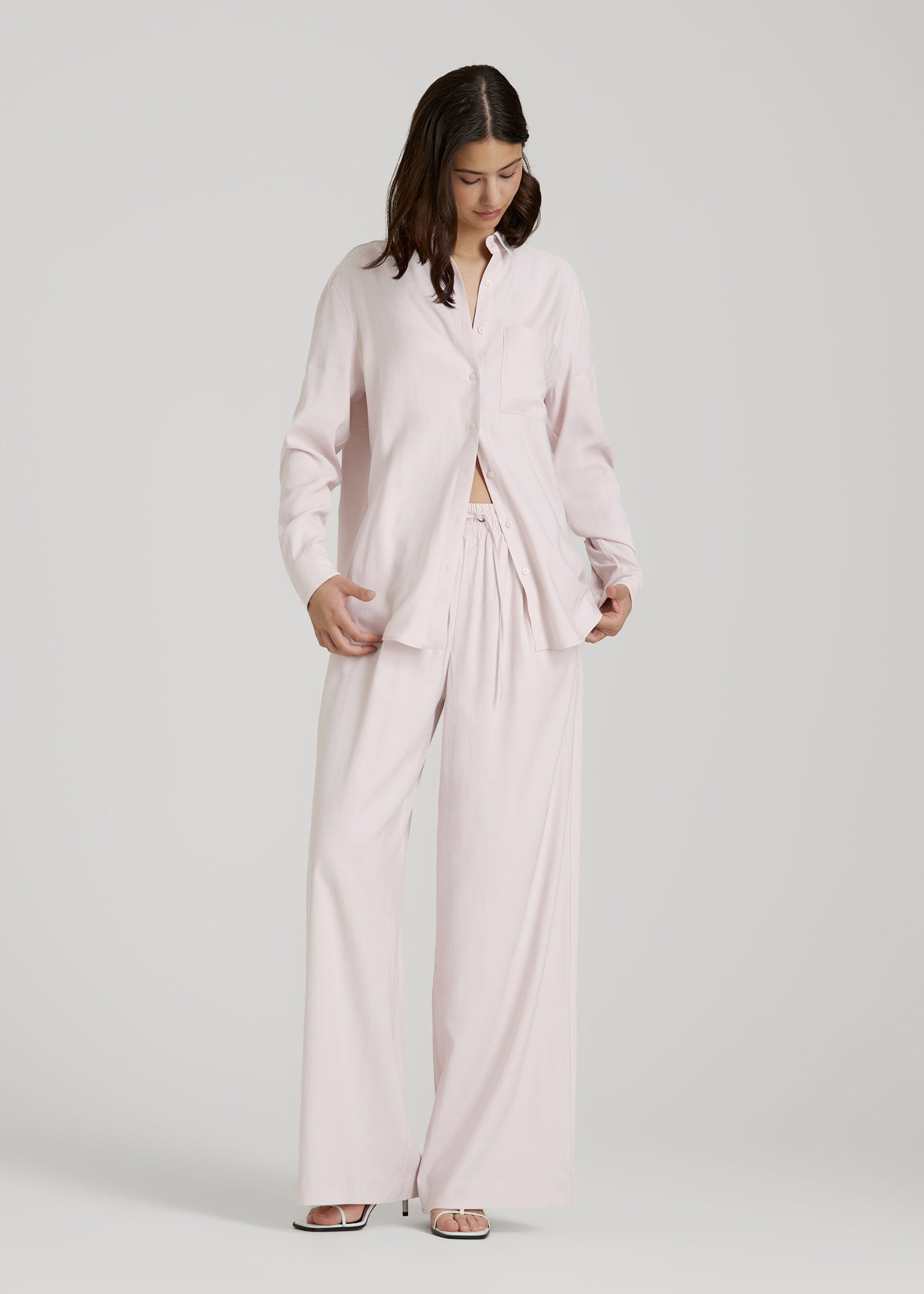 American Tall For Sale | Relaxed Button-Up Single-Pocket Blouse for Tall Women in Grey Lilac