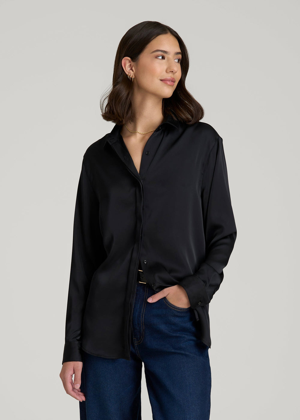 American Tall Discount | Relaxed Button-Up Blouse for Tall Women in Black