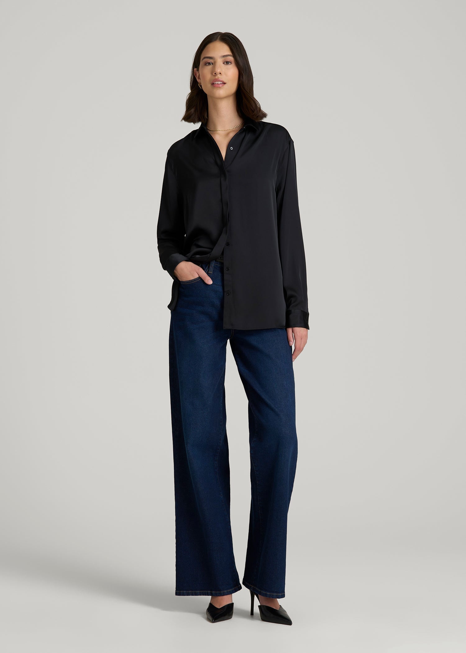 American Tall Discount | Relaxed Button-Up Blouse for Tall Women in Black