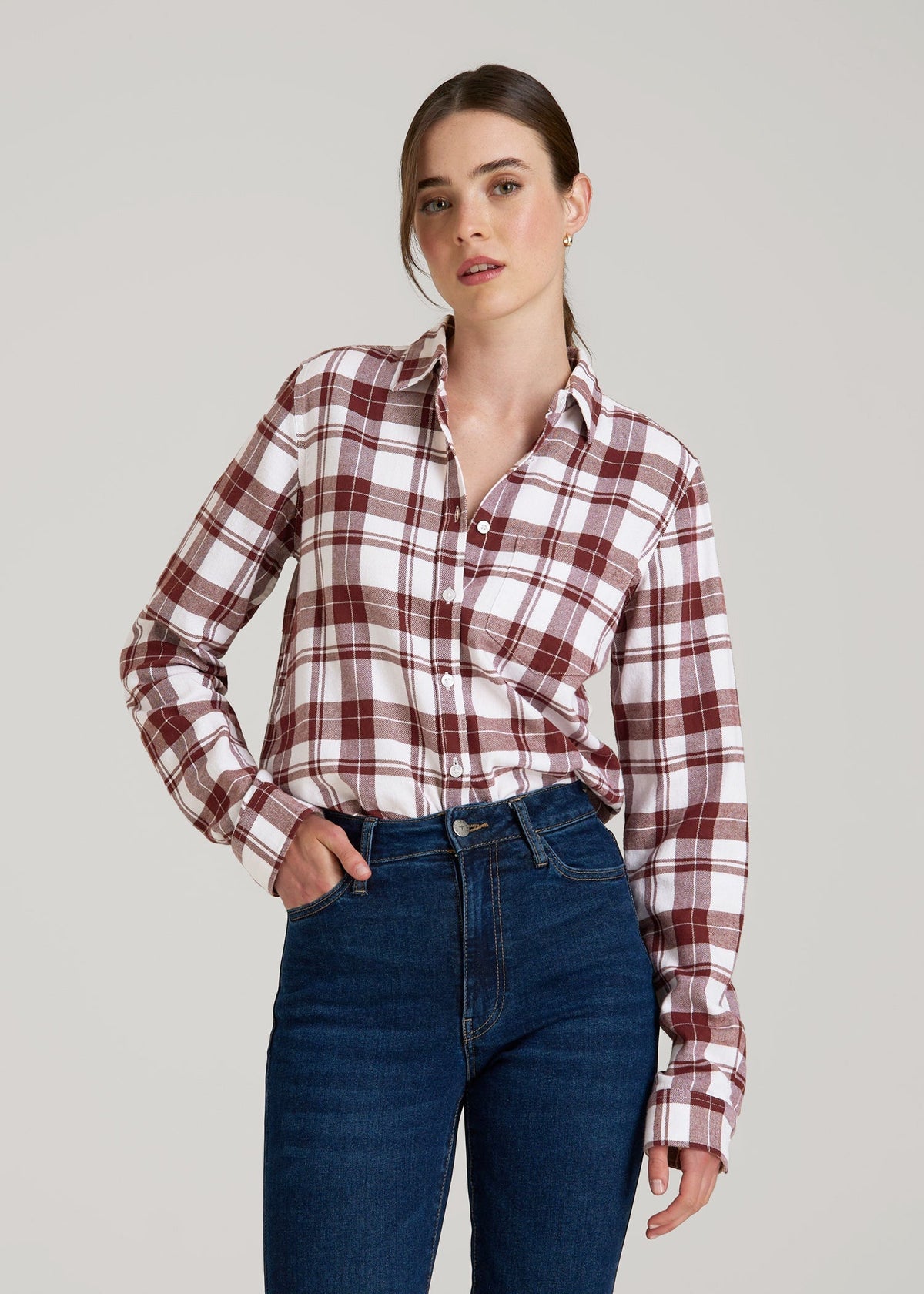 American Tall Sale | Flannel Button-Up Shirt for Tall Women in Port Royale Plaid