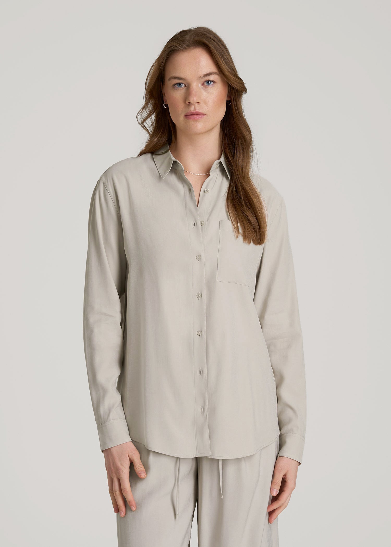 American Tall Outlet | Relaxed Button-Up Single-Pocket Blouse for Tall Women in Stone