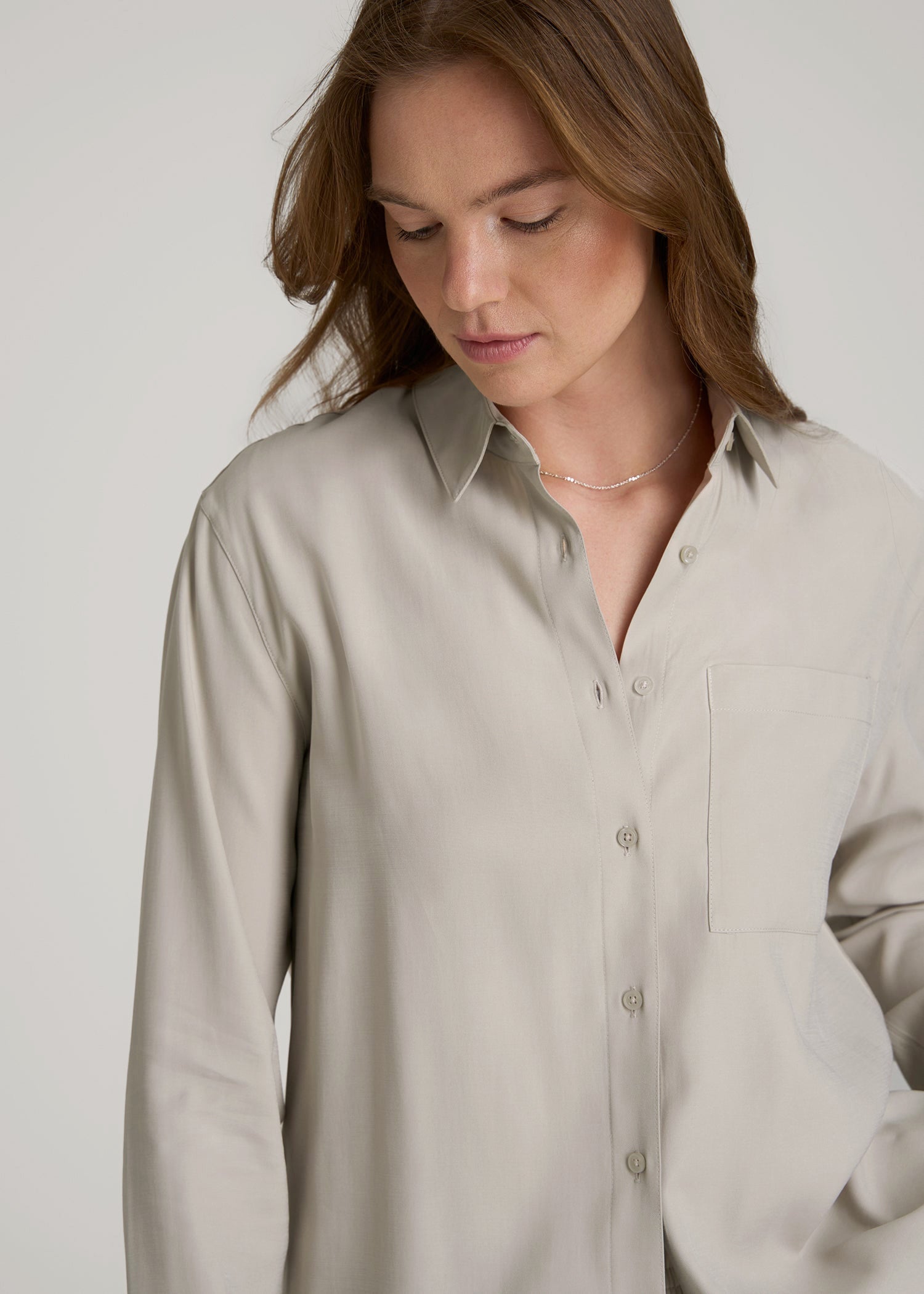 American Tall Outlet | Relaxed Button-Up Single-Pocket Blouse for Tall Women in Stone