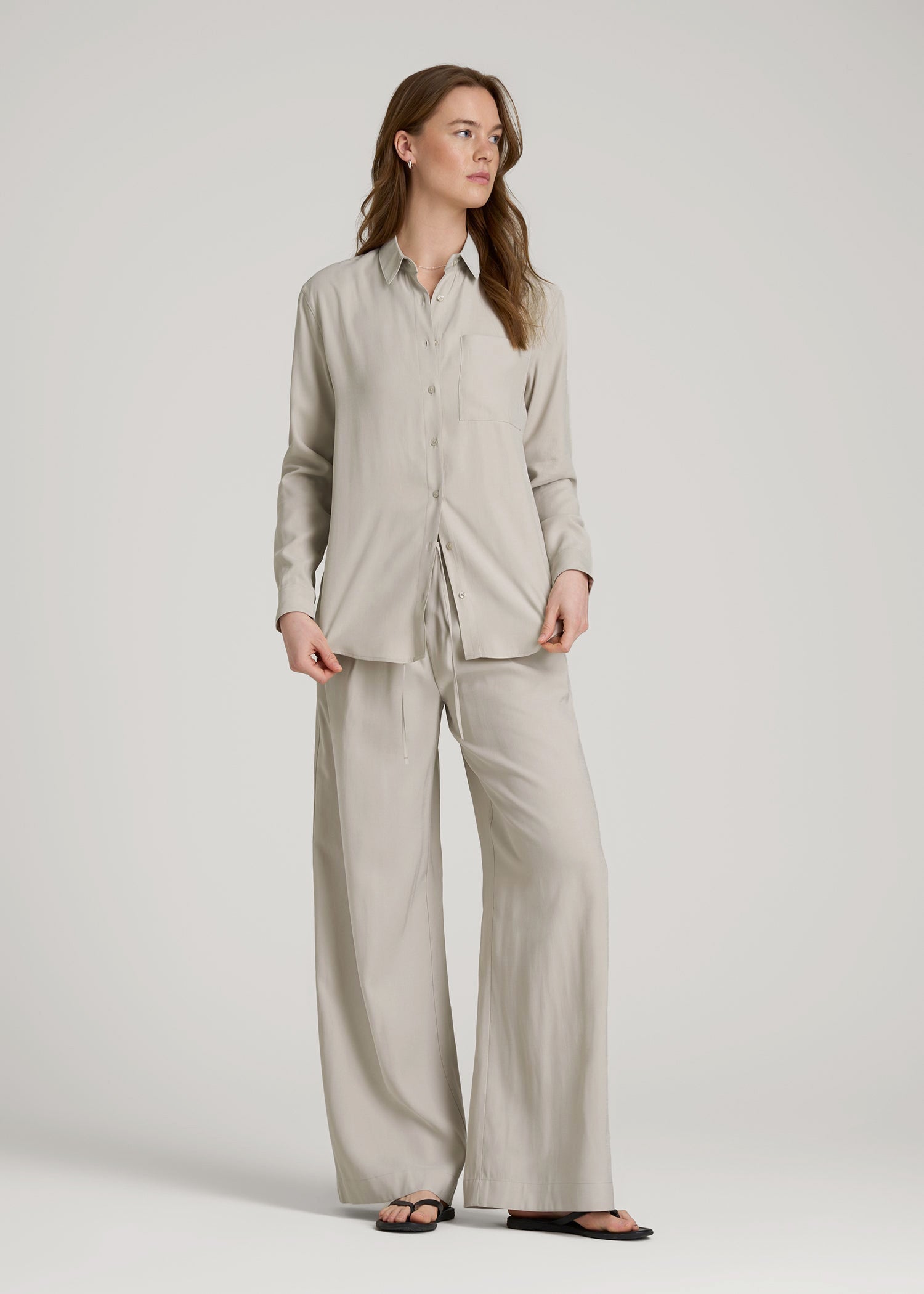 American Tall Outlet | Relaxed Button-Up Single-Pocket Blouse for Tall Women in Stone