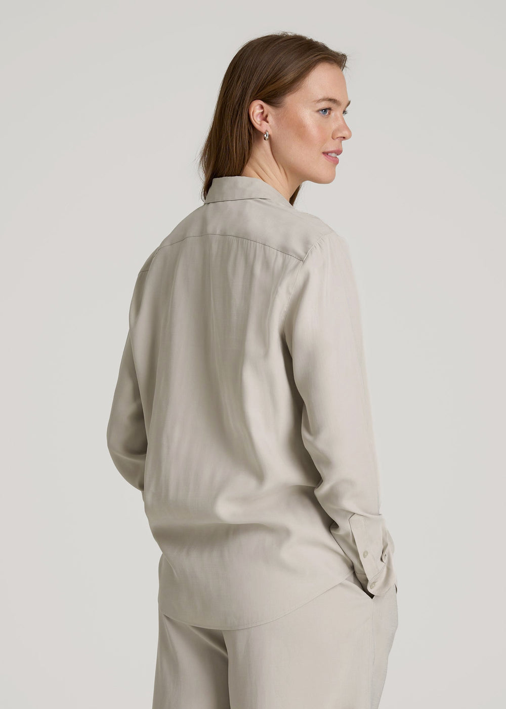 American Tall Outlet | Relaxed Button-Up Single-Pocket Blouse for Tall Women in Stone