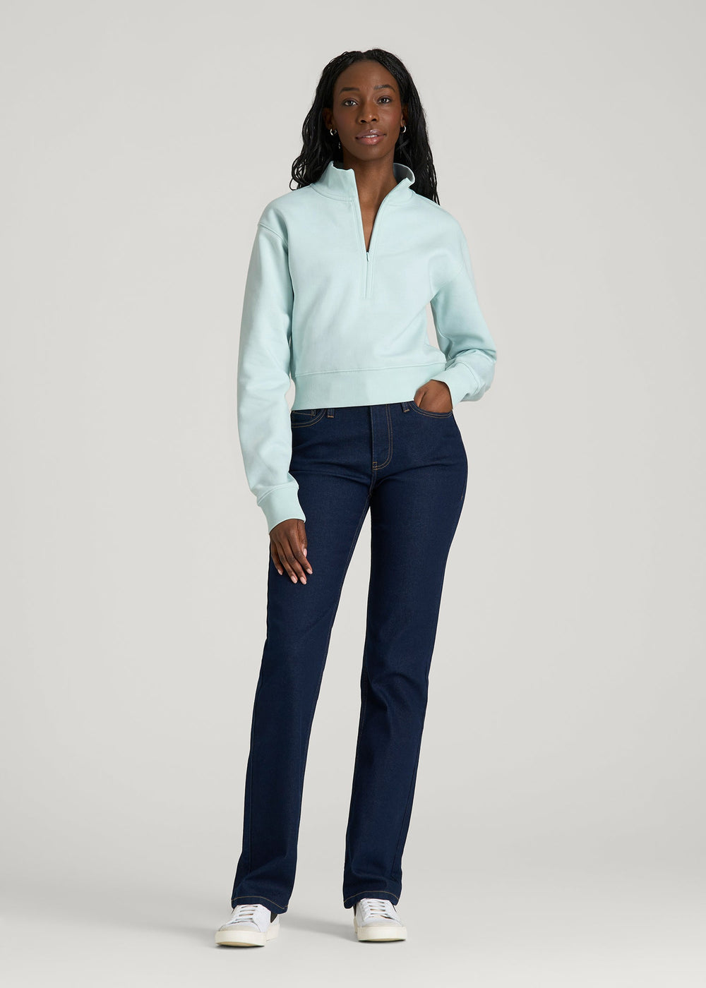 American Tall Discount | Wearever 2.0 Fleece Half-Zip Cropped Sweatshirt for Tall Women in Opal Blue
