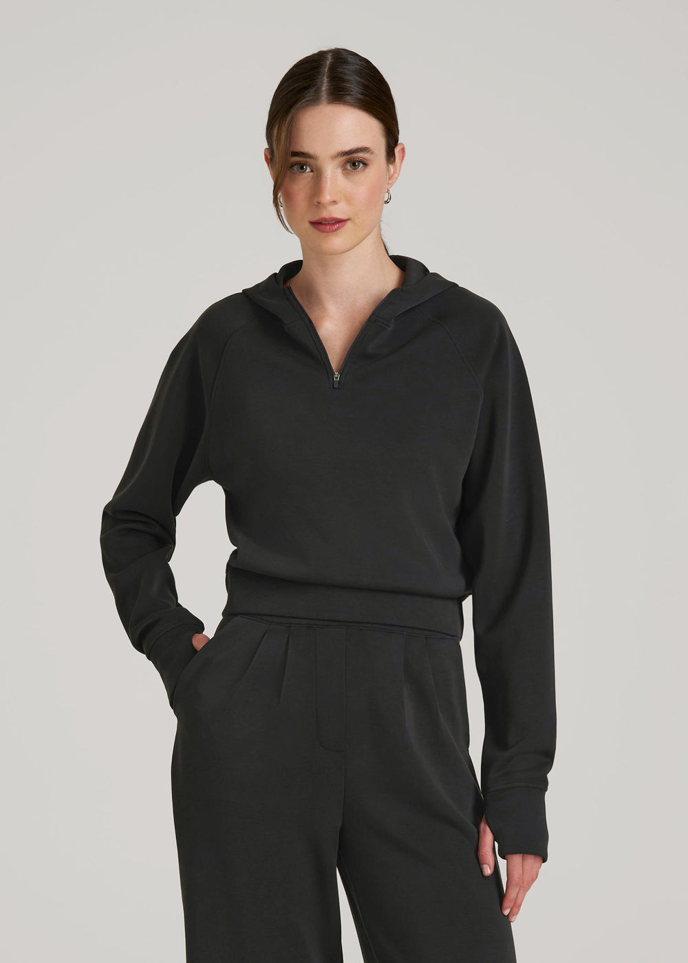 American Tall Outlet | Soft Motion Cropped Zip Up Hoodie for Tall Women in Black