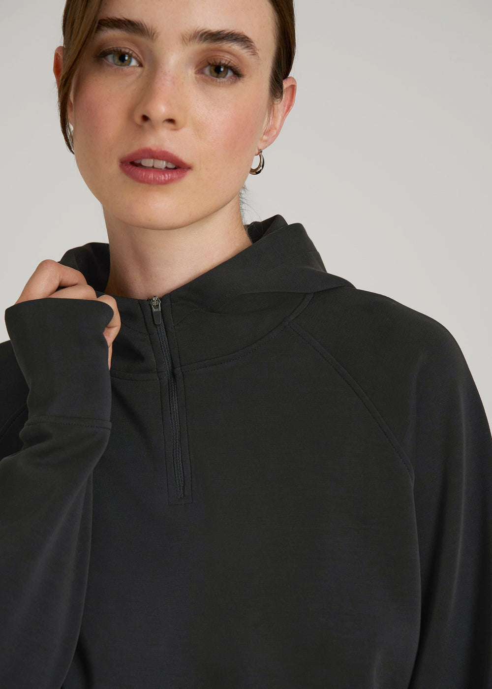 American Tall Outlet | Soft Motion Cropped Zip Up Hoodie for Tall Women in Black