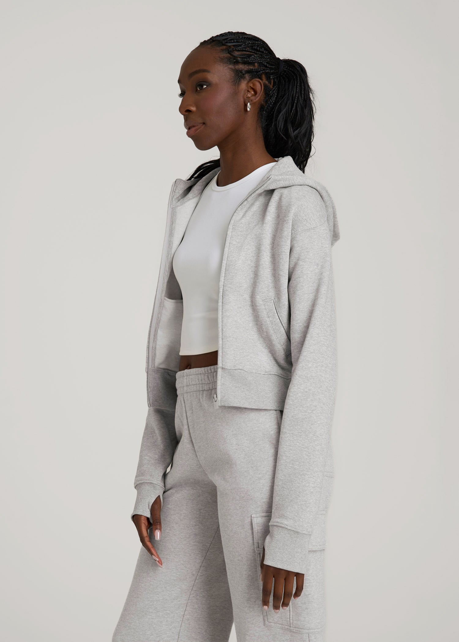 American Tall For Sale | Wearever Fleece Cropped Zip-Up Hoodie for Tall Women in Grey Mix