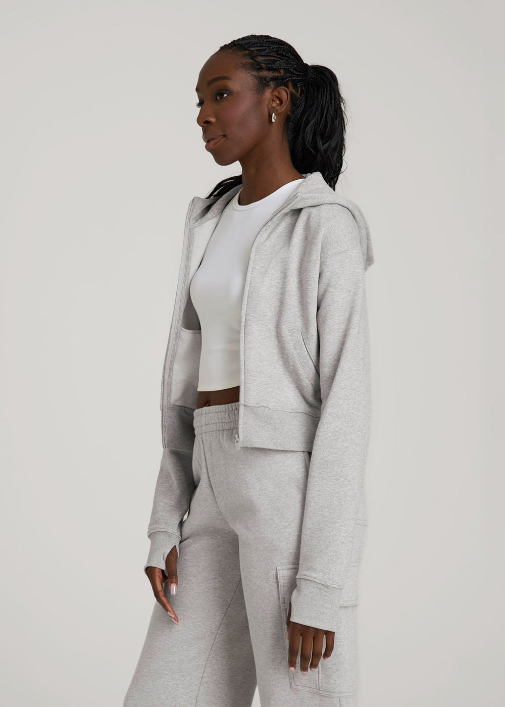 American Tall For Sale | Wearever Fleece Cropped Zip-Up Hoodie for Tall Women in Grey Mix