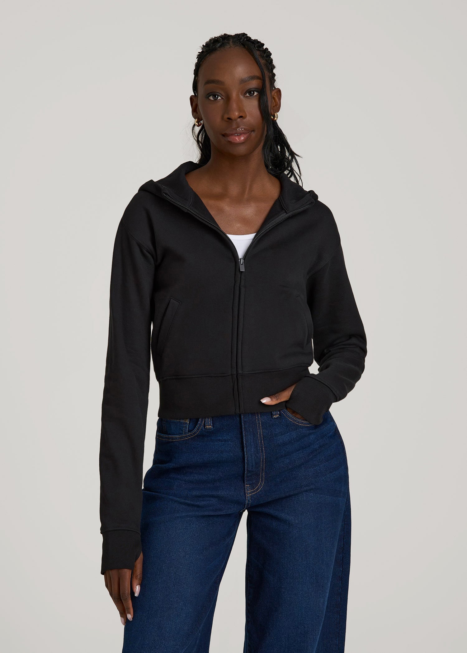 American Tall Online Shop | Wearever Fleece Cropped Zip-Up Hoodie for Tall Women in Black