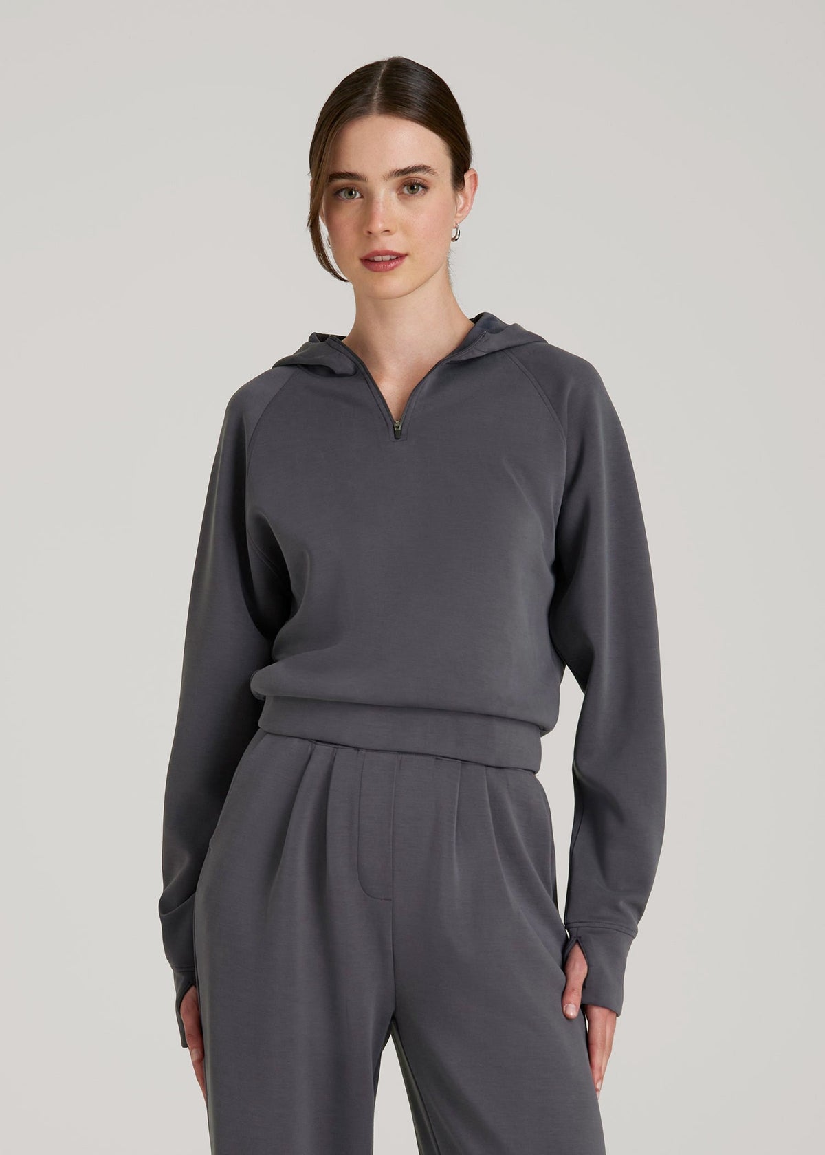 American Tall Online Shop | Soft Motion Cropped Zip Up Hoodie for Tall Women in Charcoal Rinse