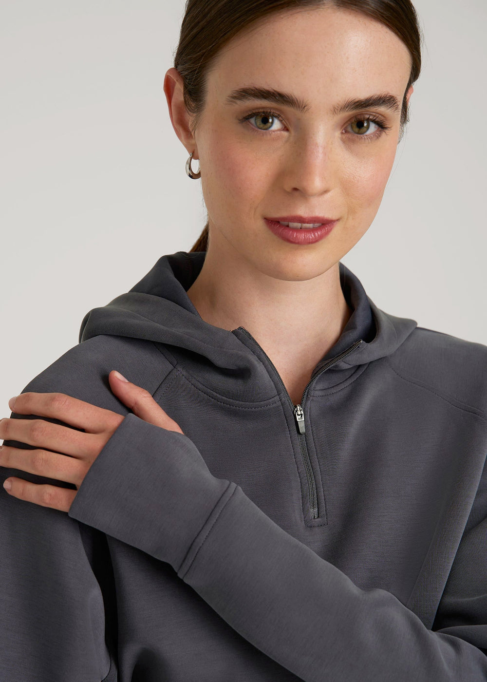 American Tall Online Shop | Soft Motion Cropped Zip Up Hoodie for Tall Women in Charcoal Rinse
