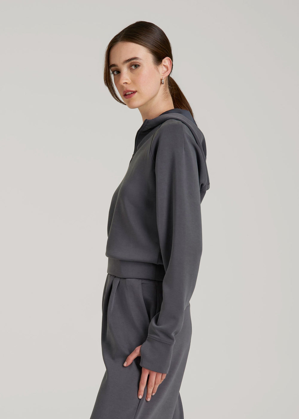 American Tall Online Shop | Soft Motion Cropped Zip Up Hoodie for Tall Women in Charcoal Rinse